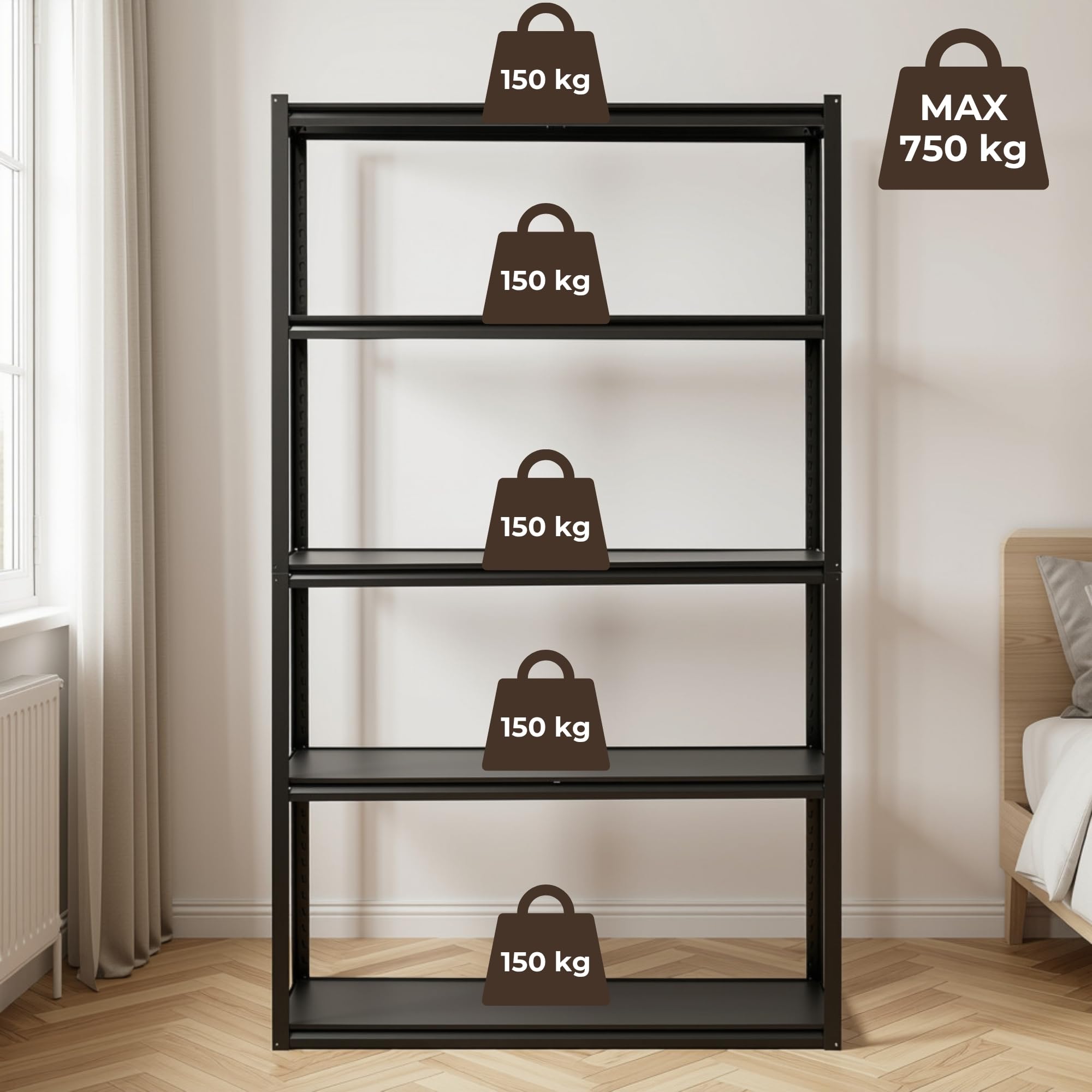 SPRINGOS Scaffalatura per carichi pesanti, 200 x 120 x 40 cm, con 5 ripiani in MDF, portata fino a 750 kg, in metallo zincato, regolabile in altezza, divisibile, per garage, officina, magazzino