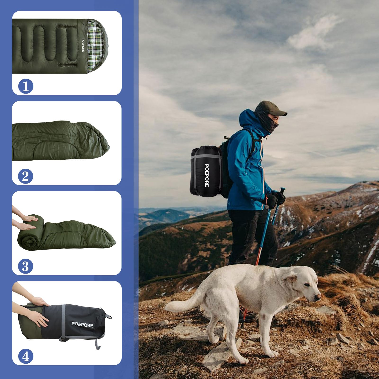 Sacs de couchage pour adultes en flanelle de coton léger avec trous de fermeture éclair pour bras XXL avec oreiller sac de compression pour le camping en plein air, la randonnée