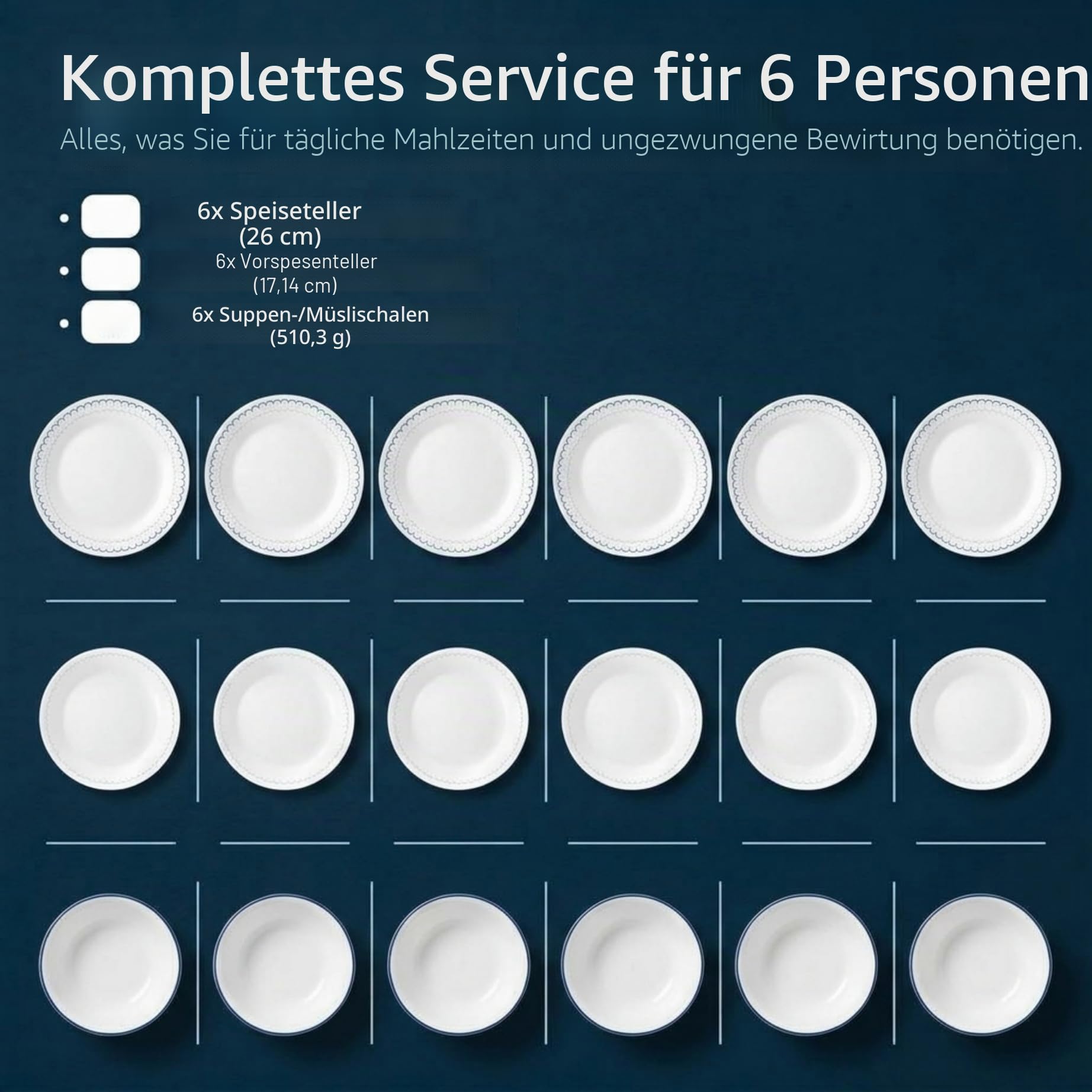 Corelle 18-teiliges Geschirr-Set, Service für 6 Personen, leichte, runde Teller und Schüsseln, Vitrelle dreilagiges Glas, splitterfest, mikrowellen- und spülmaschinenfest, kaspisch, marineblau, weiß