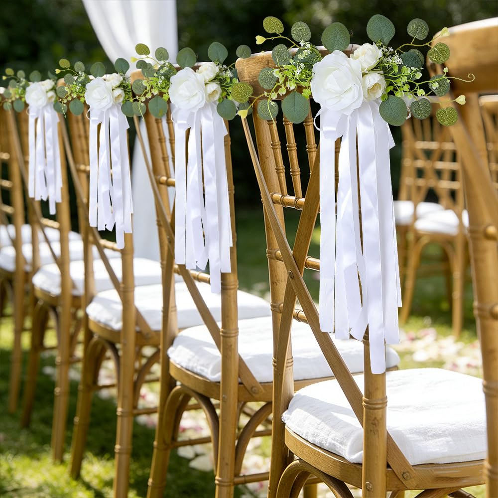 16 Stück Hochzeits Stuhl Rücken Blumen Künstliche Rosenblumen Satin-Stuhlschärpen stuhlschleifen stuhlbänder autoschleife Stuhldekoration für Hochzeit Party Geburtstag Weiß