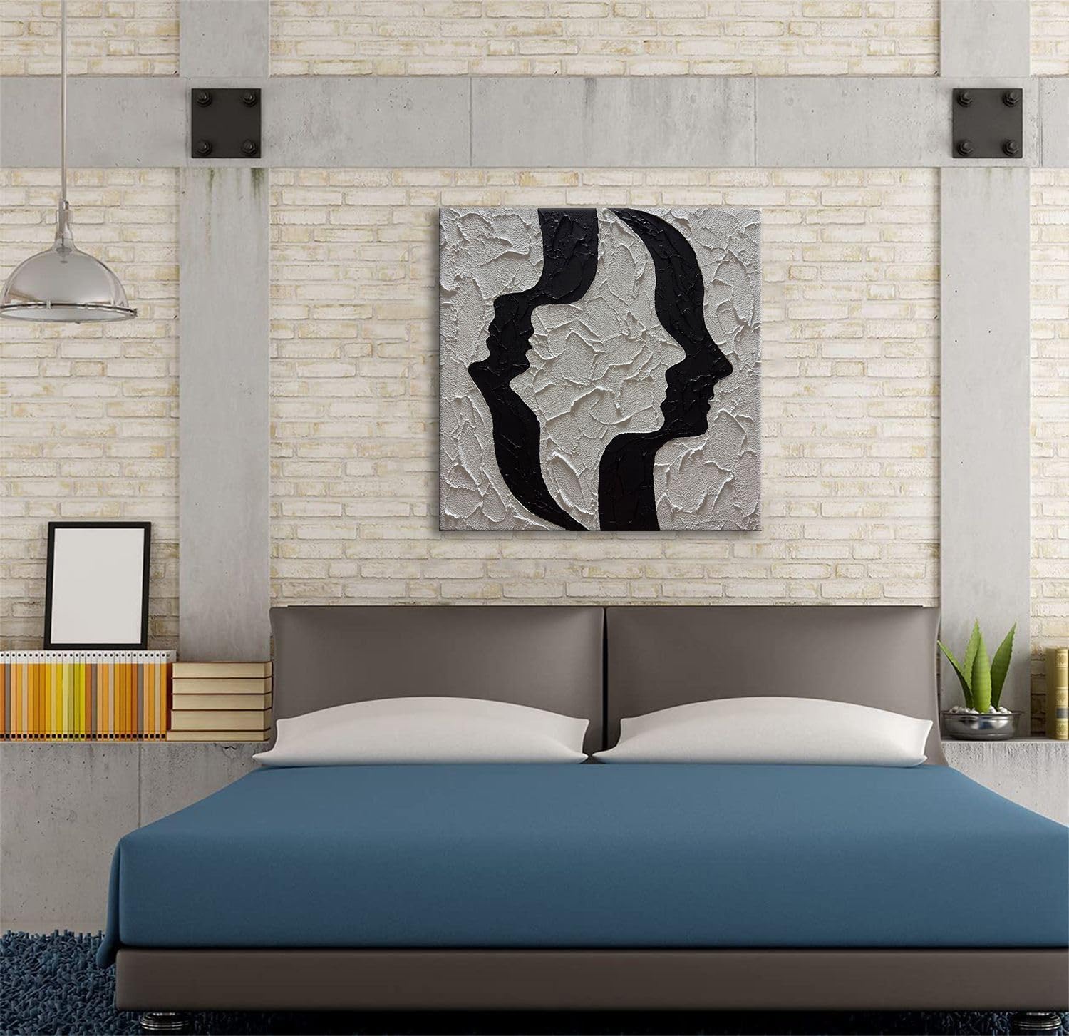 zoinart Hand Painted Black and White Abstract Two-Faced Person Wall Art, 3D Oil Painting on Canvas Thick Textured Minimalist Artwork for Home Decoration Wall Decor