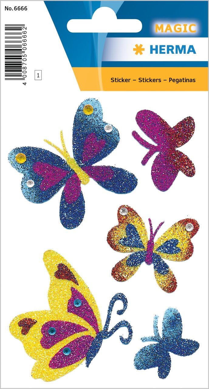 HERMA 6666 Diamond Glittery Stickers, Butterflies (5 Stickers, Foil, Glittery) Self-Adhesive Permanent Adhesive Motif Labels for Girls and Boys, Colourful