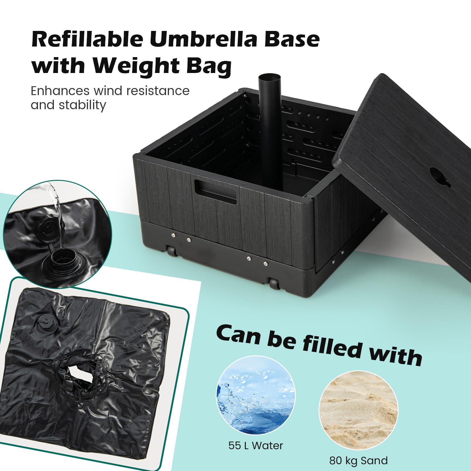 Pied De Parasol Best Choice Products Pied Parasol Rond 50cm - Support à Remplir Eau/Sable 25kg - Noir Pied Remplissage Eau Sable