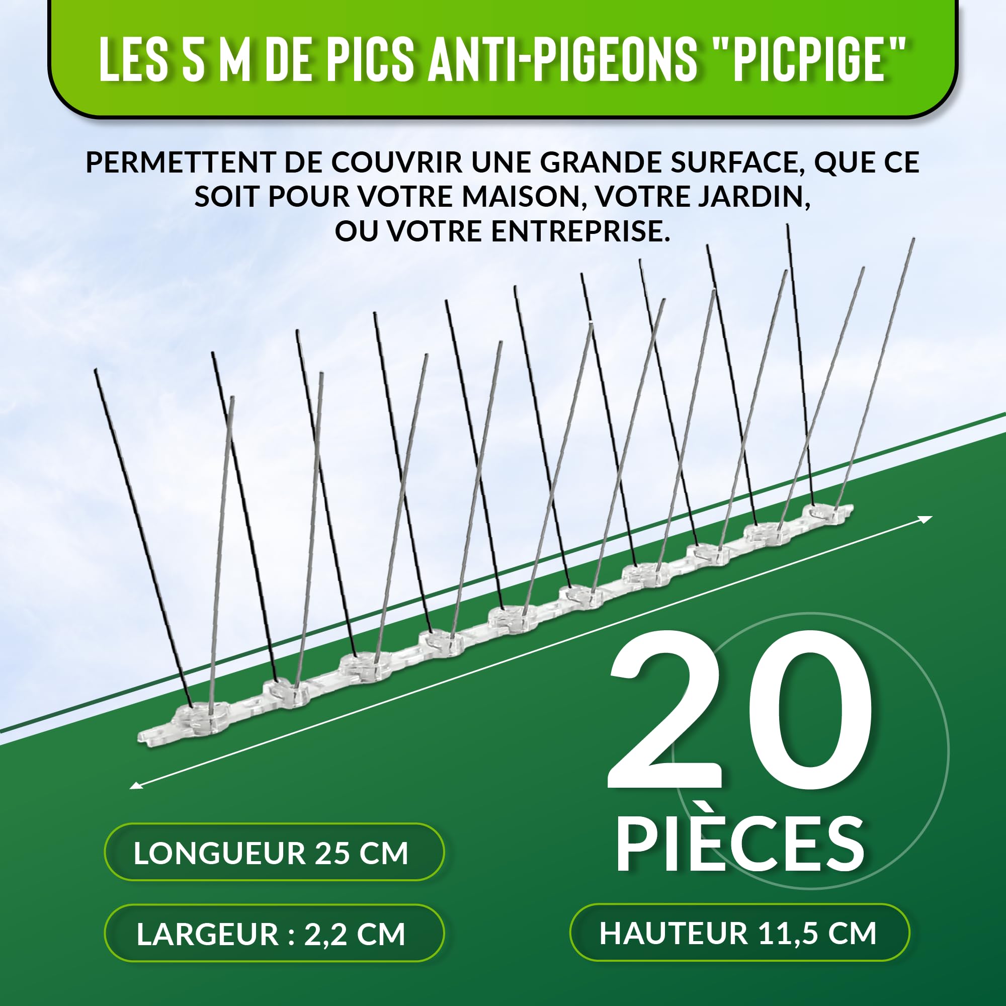 Pic Anti Pigeon - 5 Mètres - Acier Inoxydable - 5M de Double Face Inclus - Pique Anti Oiseaux -Anti nuisible pour Balcon,fenêtre,Toit- Antipigeon- Pic Anti Chat (5 Mètres)