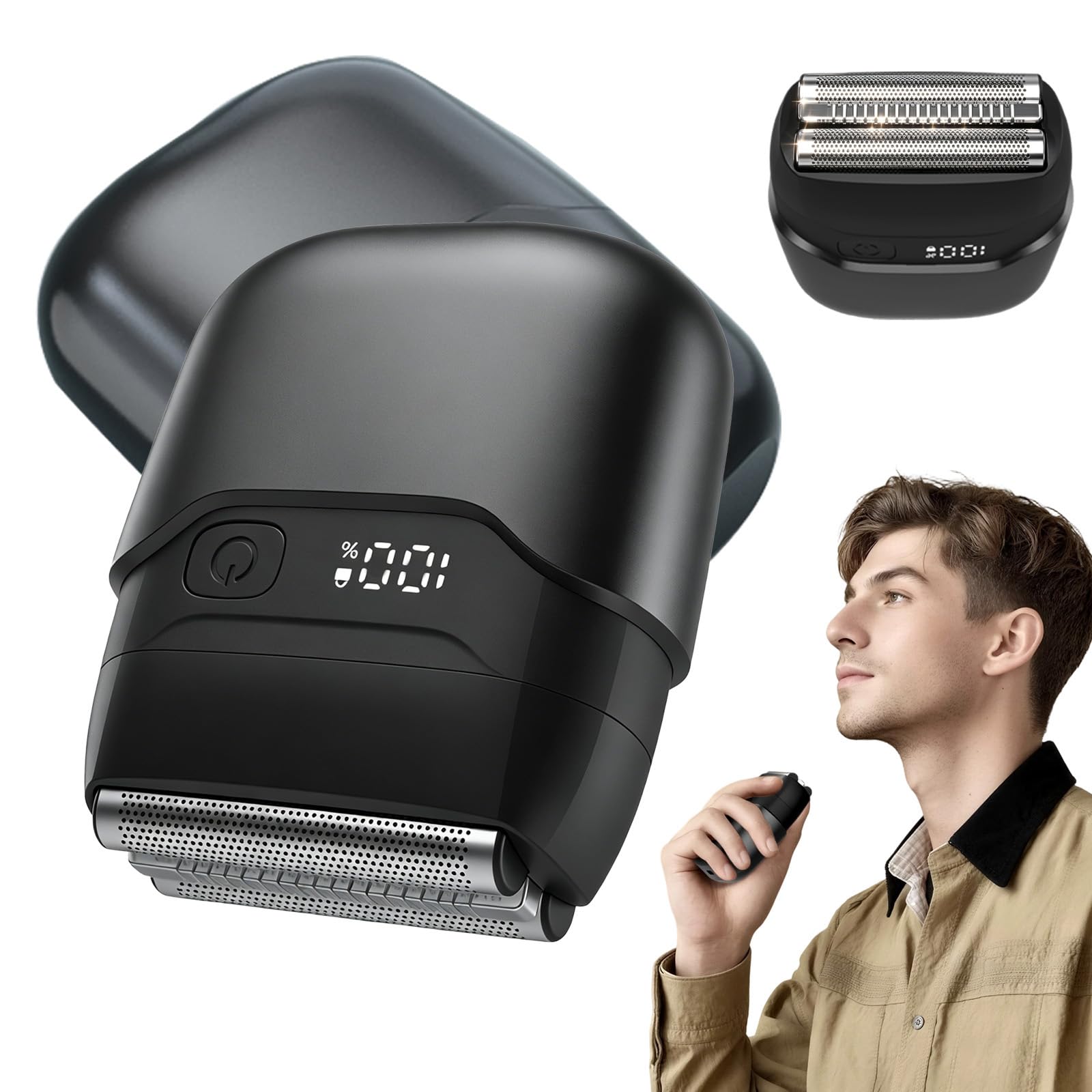 Rasoio da viaggio da uomo, mini rasoio elettrico con USB-C, indicatore della batteria LED, blocco da viaggio, cappuccio di protezione magnetico, per bagnato e asciutto, rasoio portatile per viaggi e