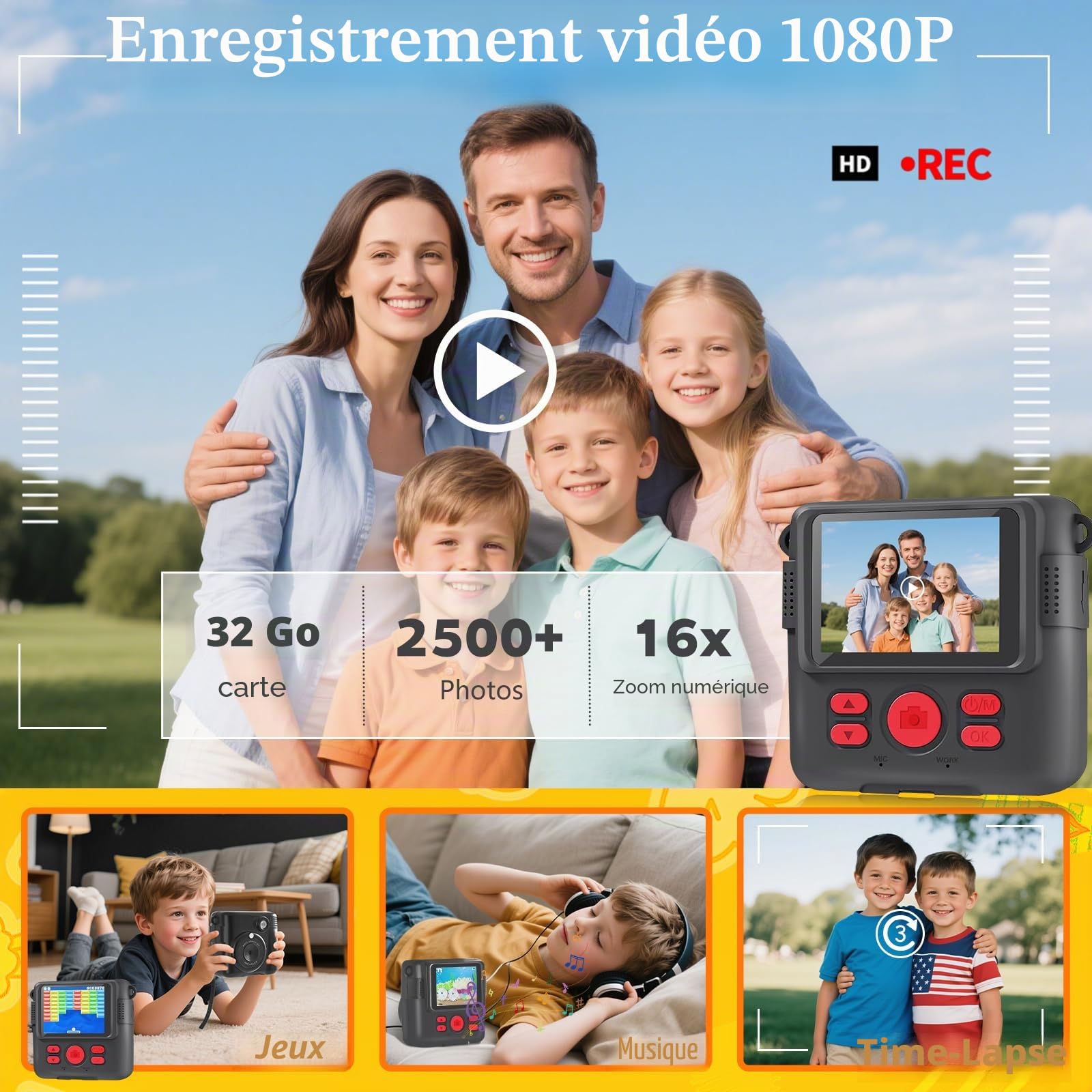 CHRERNA Appareil Photo Instantané Enfant, 1080P Appareil Photo Enfant & Caméra Vidéo avec Carte de 32GB & Papier d'impression, Cadeau pour Garçons & Filles de 3 à 12 Ans(Noir