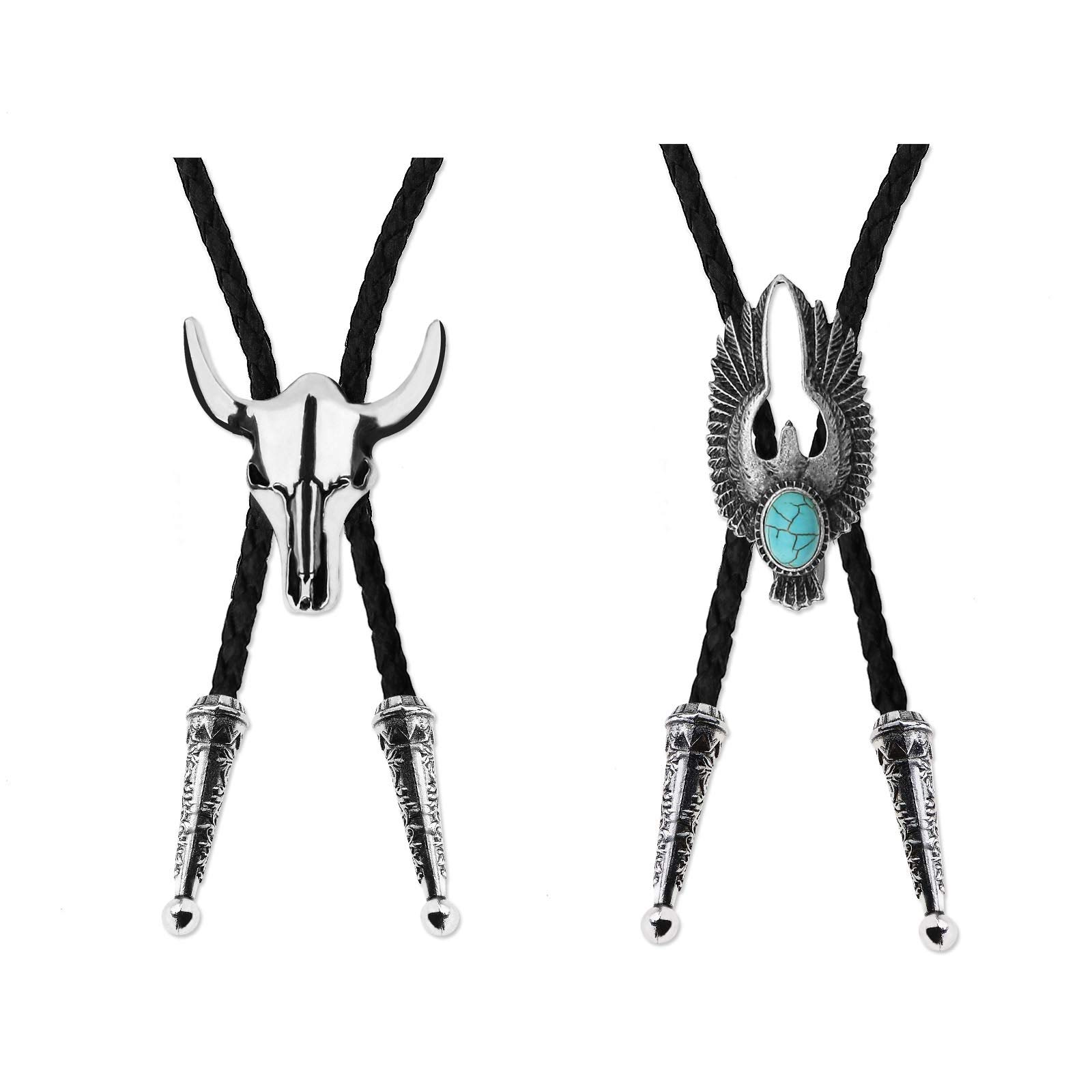 OTOTEC 2Pcs Bolo Necktie Bootlace Cowboy Tie Set 39Inches Leather Rope Cow Skull and Eagle Inlaid Turquoise Design Western Rodeo Theme Silvery