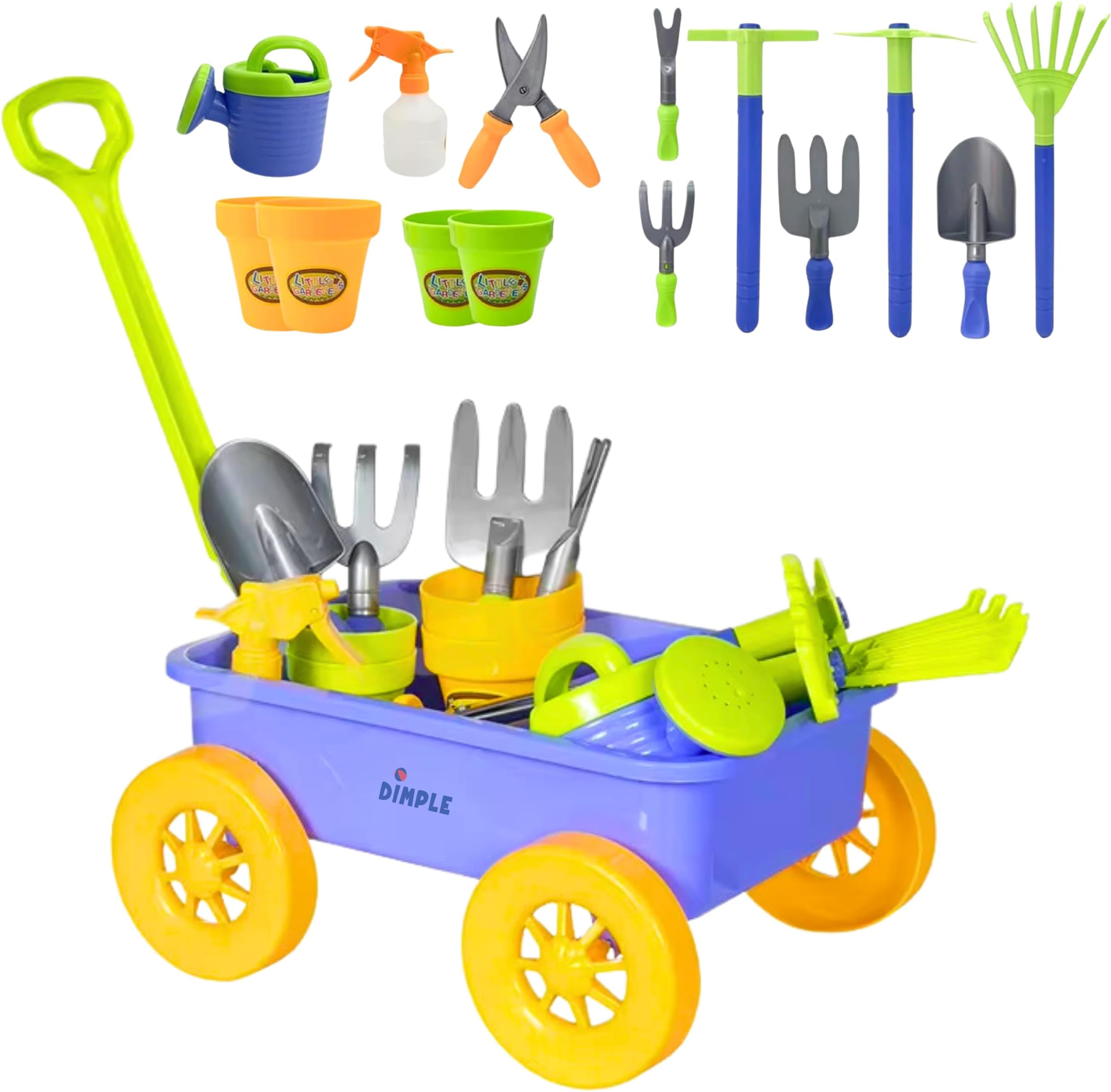 Dimple DCN12752 Garden Wagon & Tools Toy Set Premium 15Piece Gardening Tools & Wagon Toy Set Sturdy & Durable-Top Yd, Beach, Sand, Garden Toy-Great for Kids & Toddlers, Multicolor