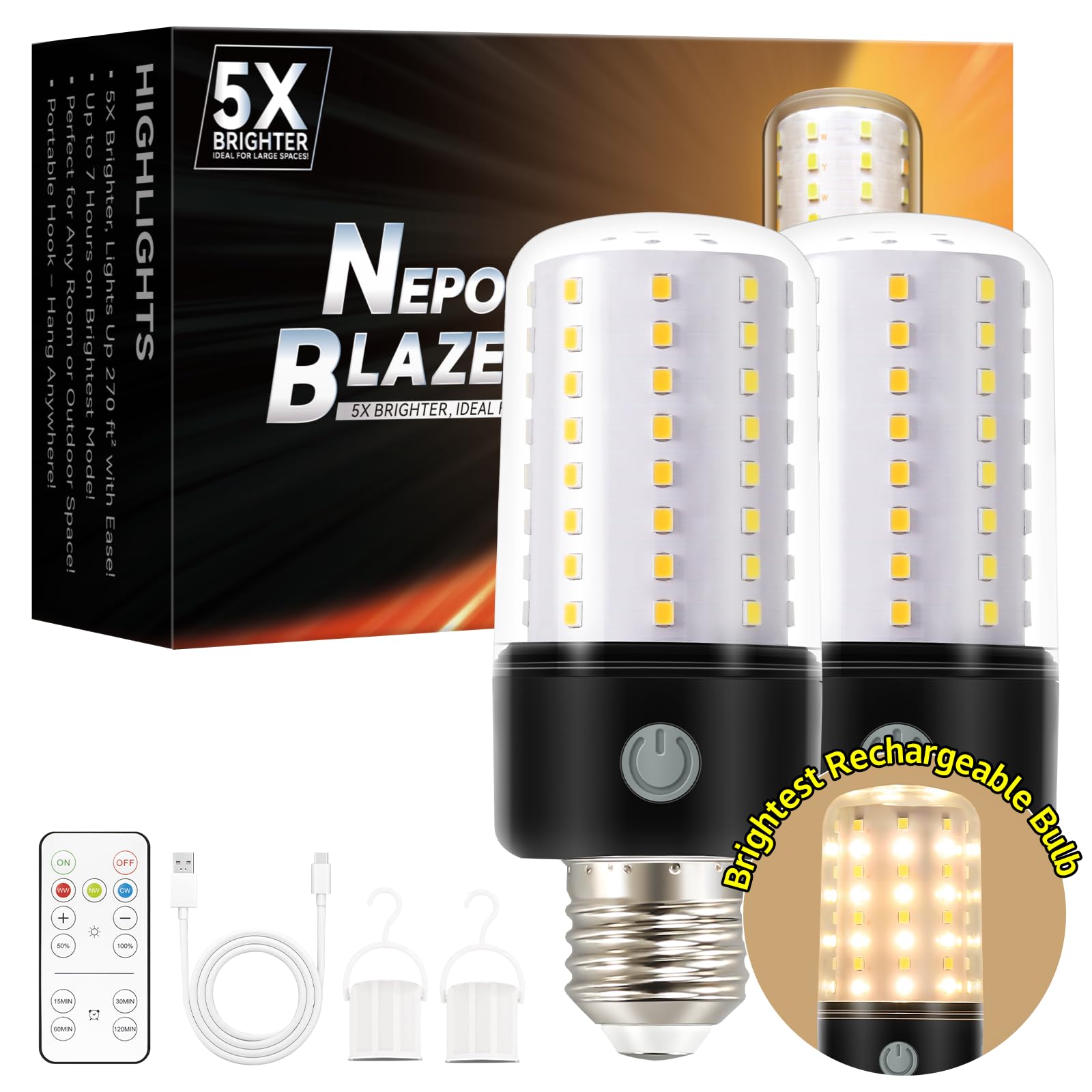 Neporal BlazeMax Rechargeable Light Bulbs For Lamps, Bright Battery Operated Light Bulb For Lamp Sconce, Socket USB Rechargeable Battery Light Bulb, 3 Color, Wide Dimmable Range, 4 Timer, E26 for Home