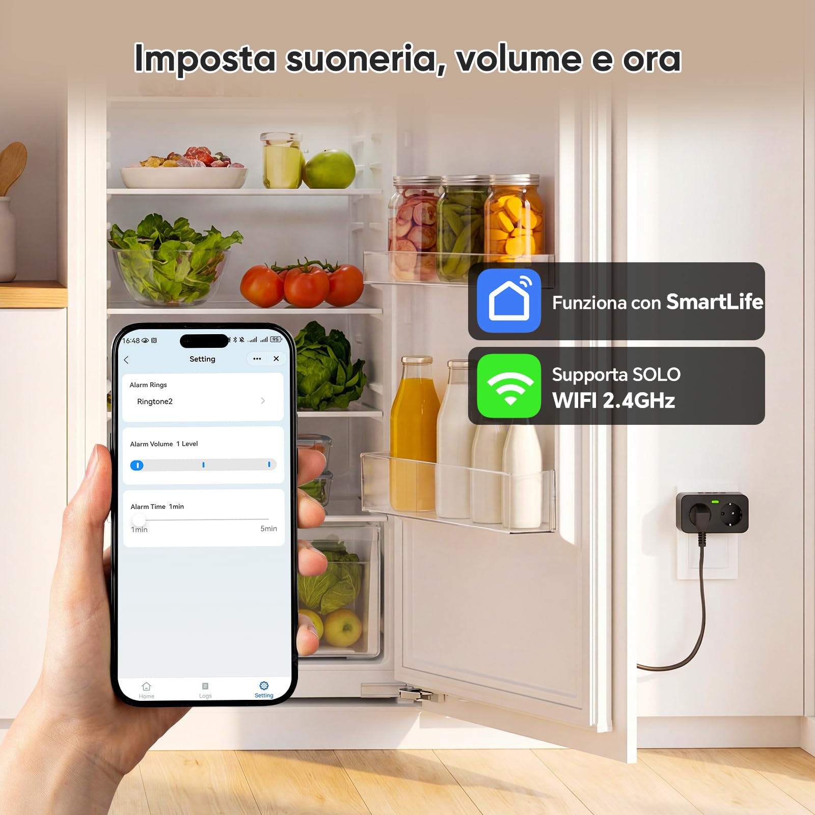 Rilevatore Interruzione Corrente WiFi con App Tuya&Smart Life, Allarme Mancanza Alimentazione 110dB con Silenziamento Remoto, 3 Suonerie / 3 Volume, Avviso Mancanza Corrente per Frigorifero