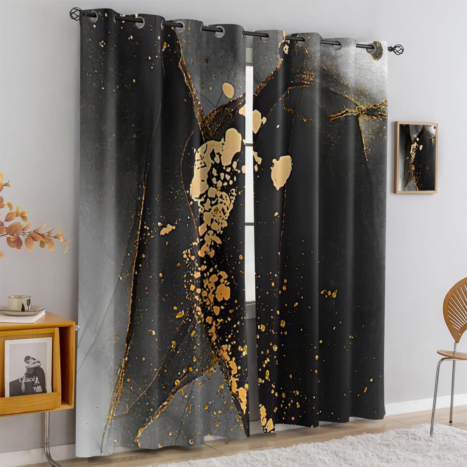 Verdunkelungsvorhänge 3D Schwarzgold Retro Luxus Vergoldete Textur Ösen Vorhang 2Er Set 234X230Cm Verdunkelungsvorhang Blickdicht Fenstergardinen Kinderzimmer Schlafzimmer Wohnzimmer Thermovorhang