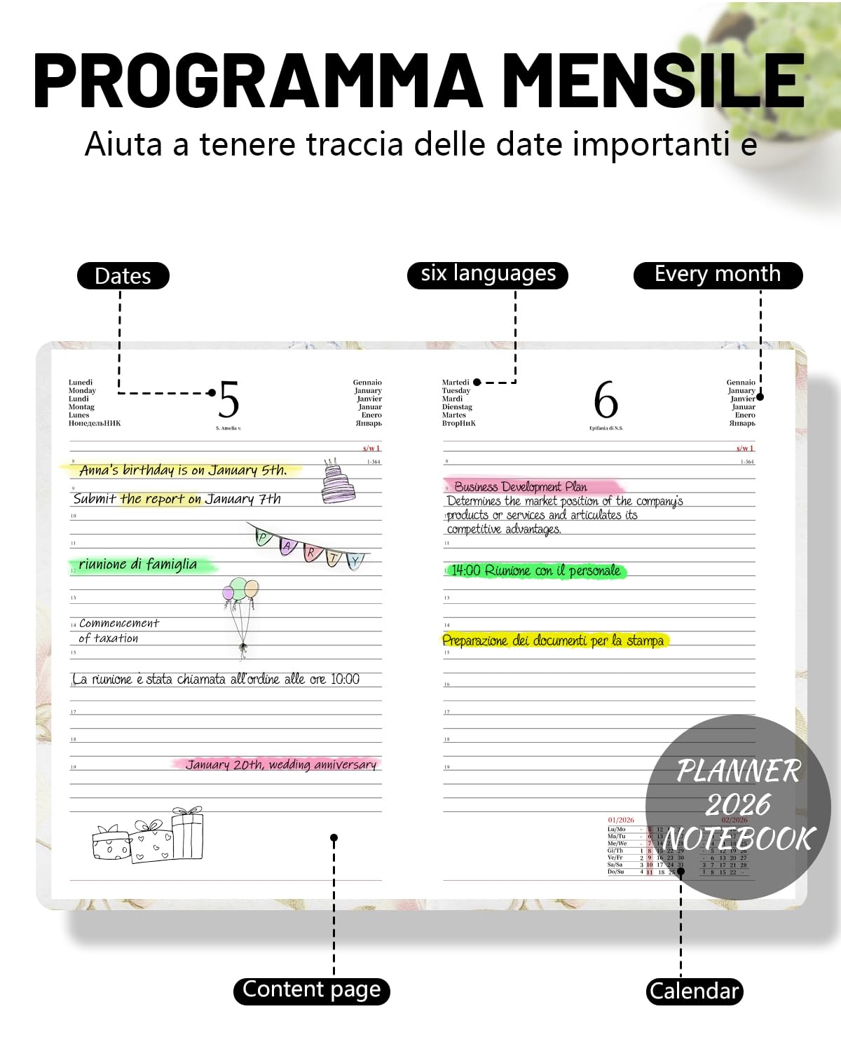 HW CASA Agenda 2026 Giorno per Pagina Formato A5 - con Festività Internazionali, Elastico e Sezioni | Copertina in CARTA Morbida (DE/IT/ES/EN/FR) Studenti e Lavoratori