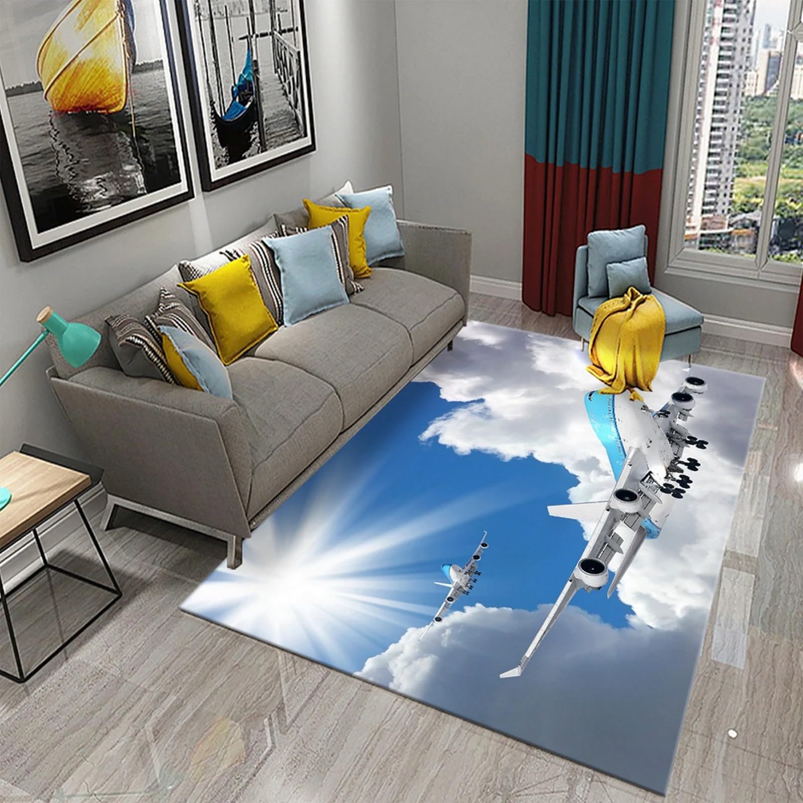 Tapis de chambre 3D avion de chasse bleu tapis doux et antidérapant pour le bureau
