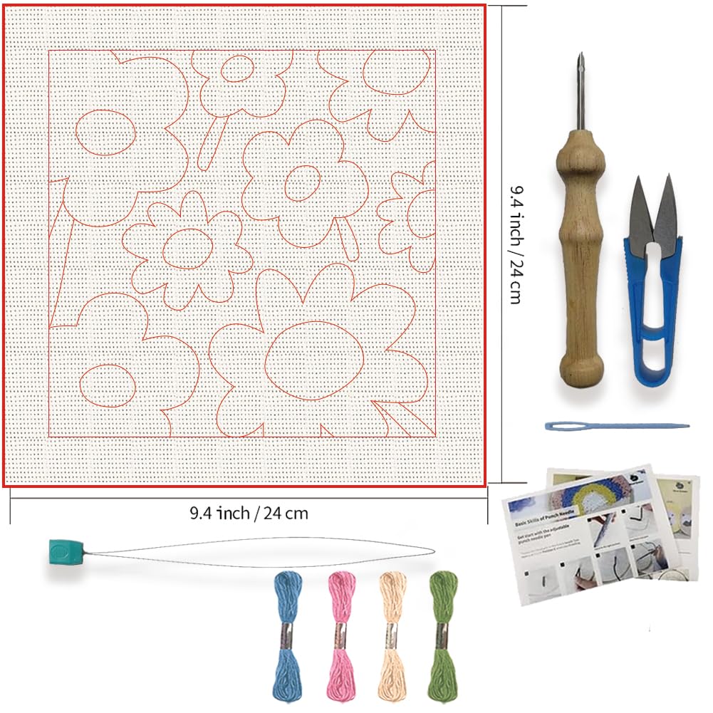 FREEBLOSS Punch Needle Kits Starter Embroidery Set Punch Needle Rug Kit with English Instructions for Adults Beginners Craft Lovers with Printed Flowers Pattern 24x24cm/9.4x9.4inch - Image 2