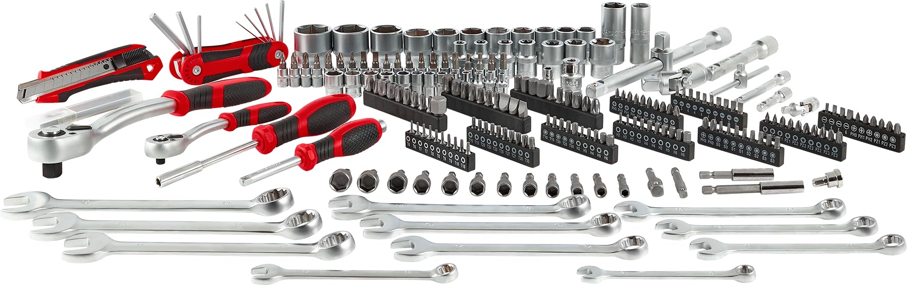 Einhell - Maletín de herramientas de 233 piezas (trinquetes, llaves combinadas, juego de brocas, enchufes, extensiones, uso versátil, compatibilidad de máquinas)