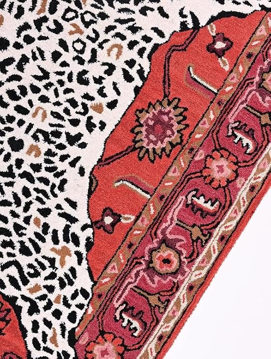 Leopard Print Area Rug 8' x 10' Red Persian Style Animal Carpet Vintage Oriental Floral Border Soft Durable Easy Maintenance