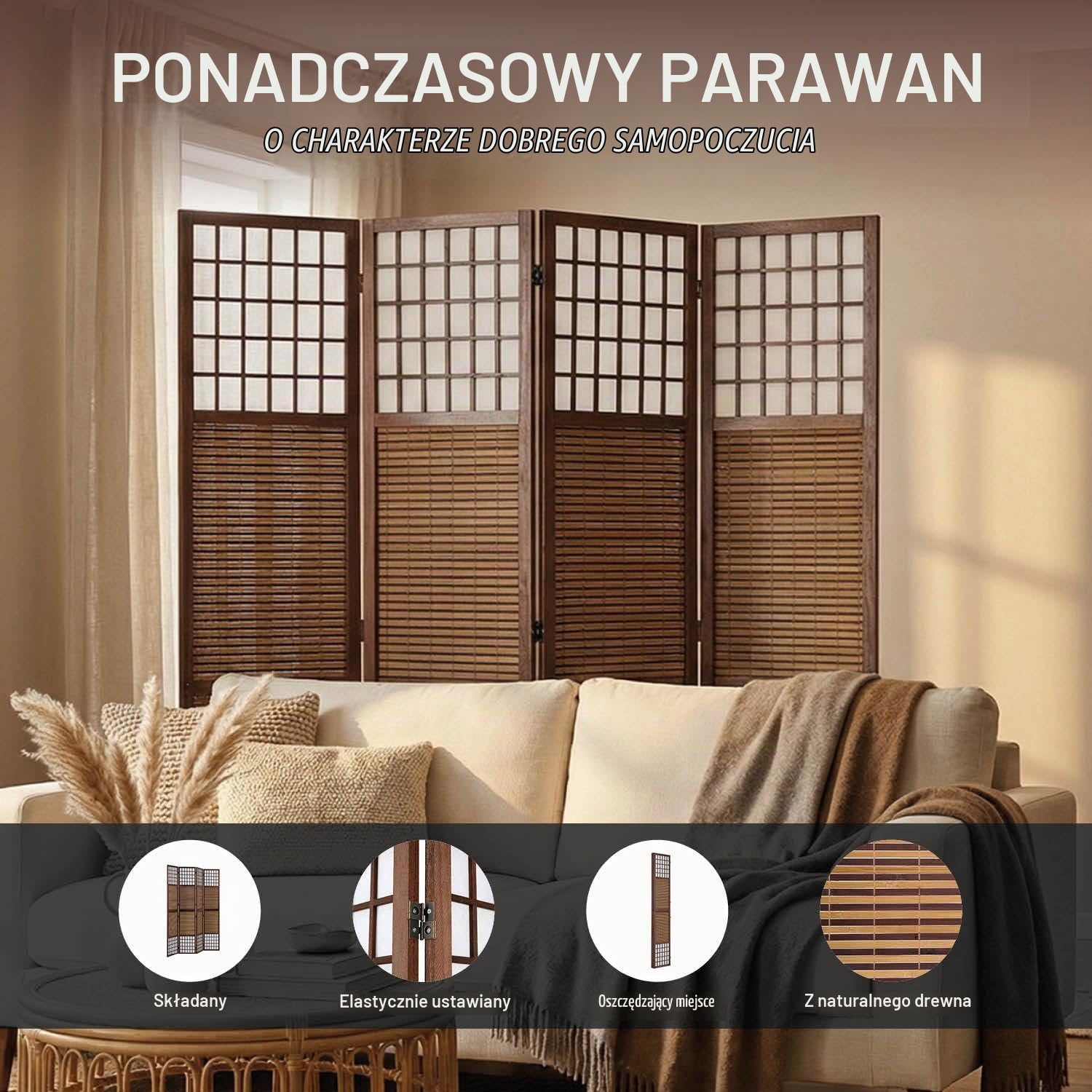 Homestyle4u 876, XL parawan, ścianka działowa, 4-częściowy, drewno bambusowe, ochrona przed wzrokiem, kolor brązowy, wysokość 2 m