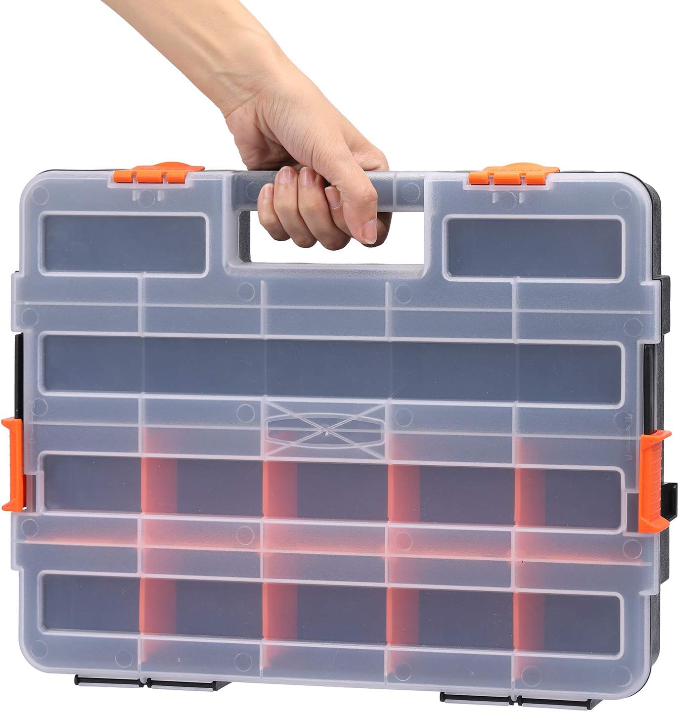 MIXPOWER 15-inch 2pcs Toolbox Organizer Sets, 20 Removable Dividers, Durable Plastic Box, Excellent for Screws, Nuts, Small Parts, 34-Compartment Black/Orange 2 Pieces Set - Image 7