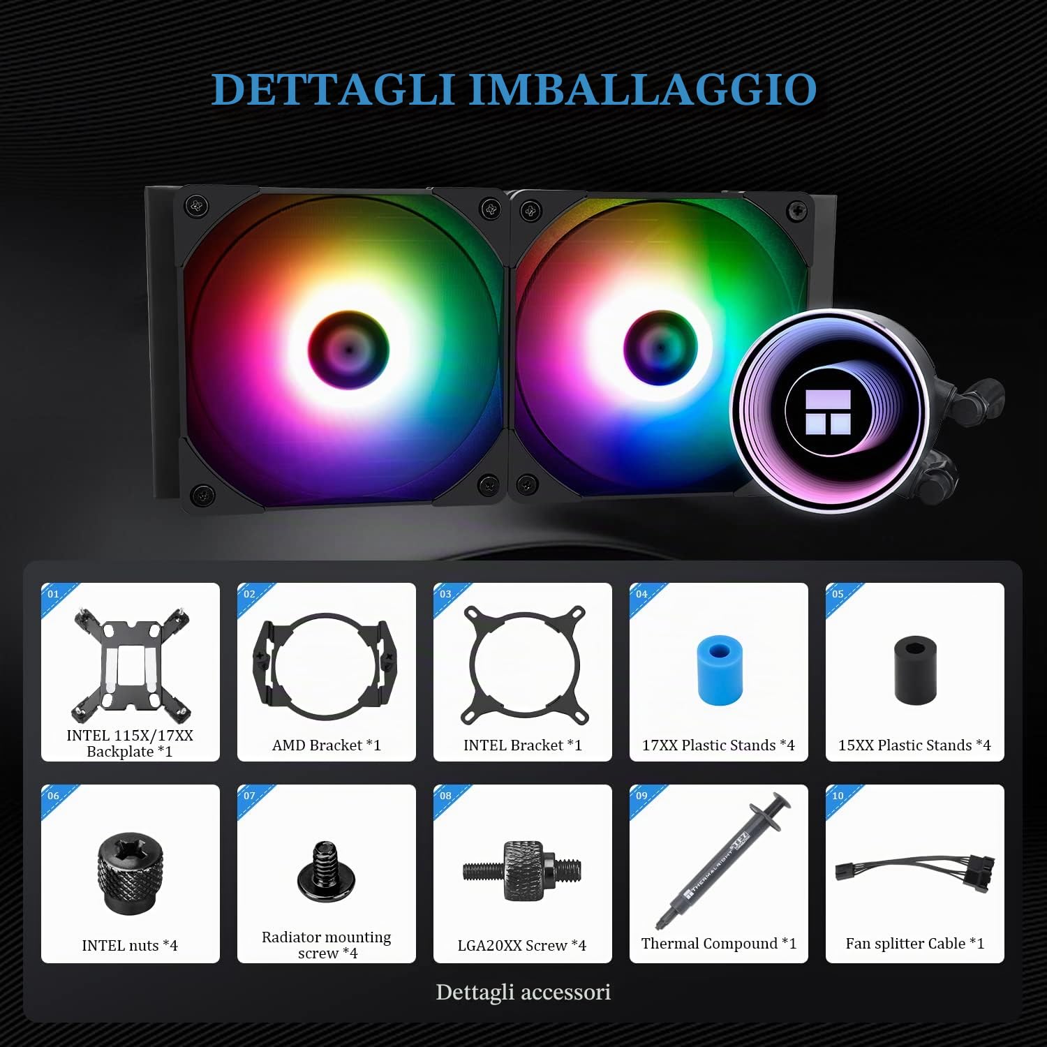 Thermalright Frozen Notte 240 Black ARGB,Raffreddamento CPU Cooler, 360 nero CPU Cooler Specificazioni, doppia ventola PWM, adatto per AMD/AM4 AM5, Intel LGA 1700/1150/1151/1200/2011
