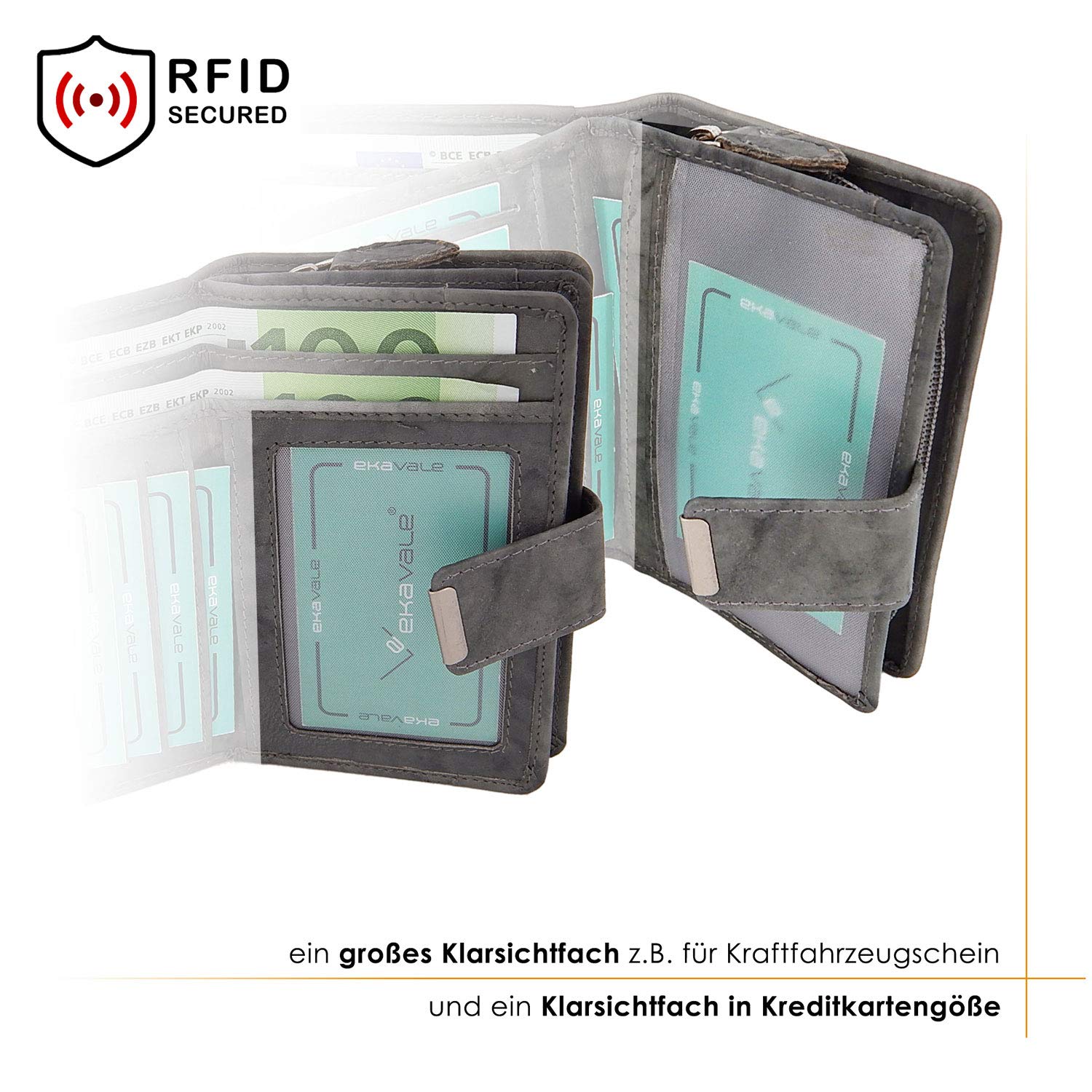 ekavale Damen Geldbörse aus weichem Leder mit RFID-Schutz - Damen-Portemonnaie (Grau)