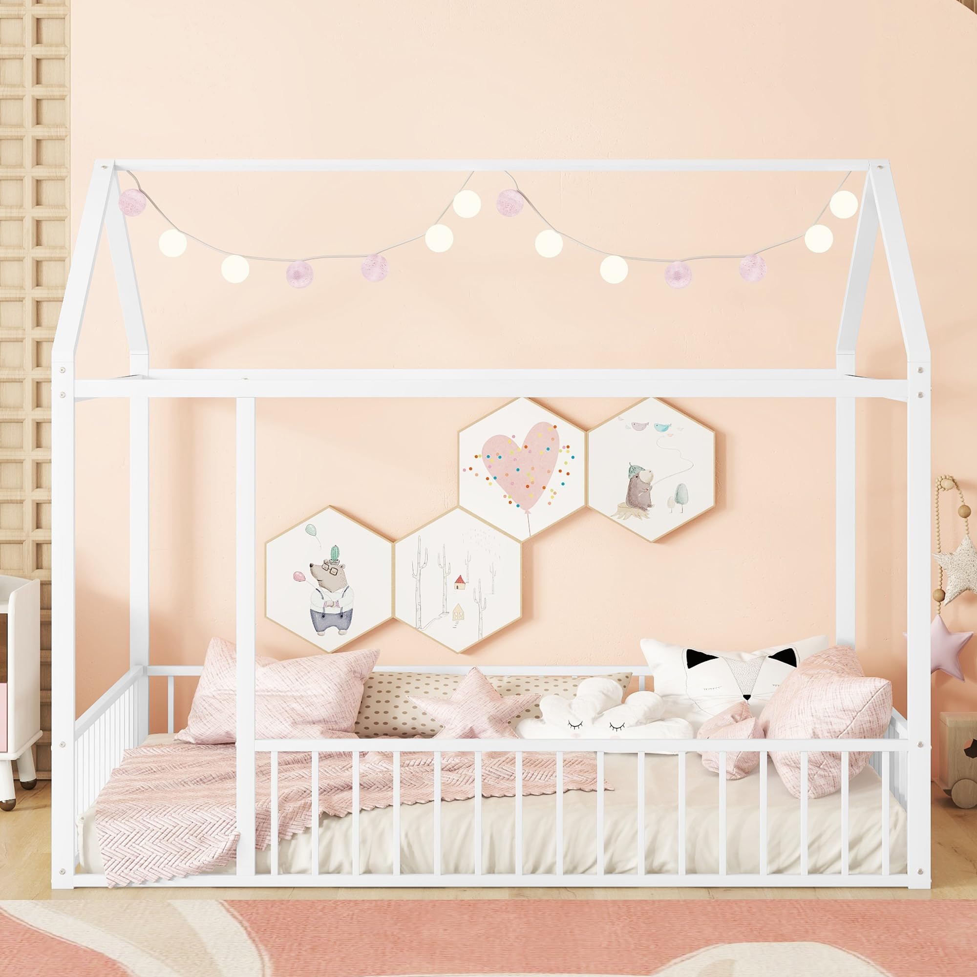 Bellemave Full Size Montessori Floor Bed, Metal House Bed Frame, House Floor Bed for Kids, Montessori Floor Bed with Fence, Playhouse for Kids, White