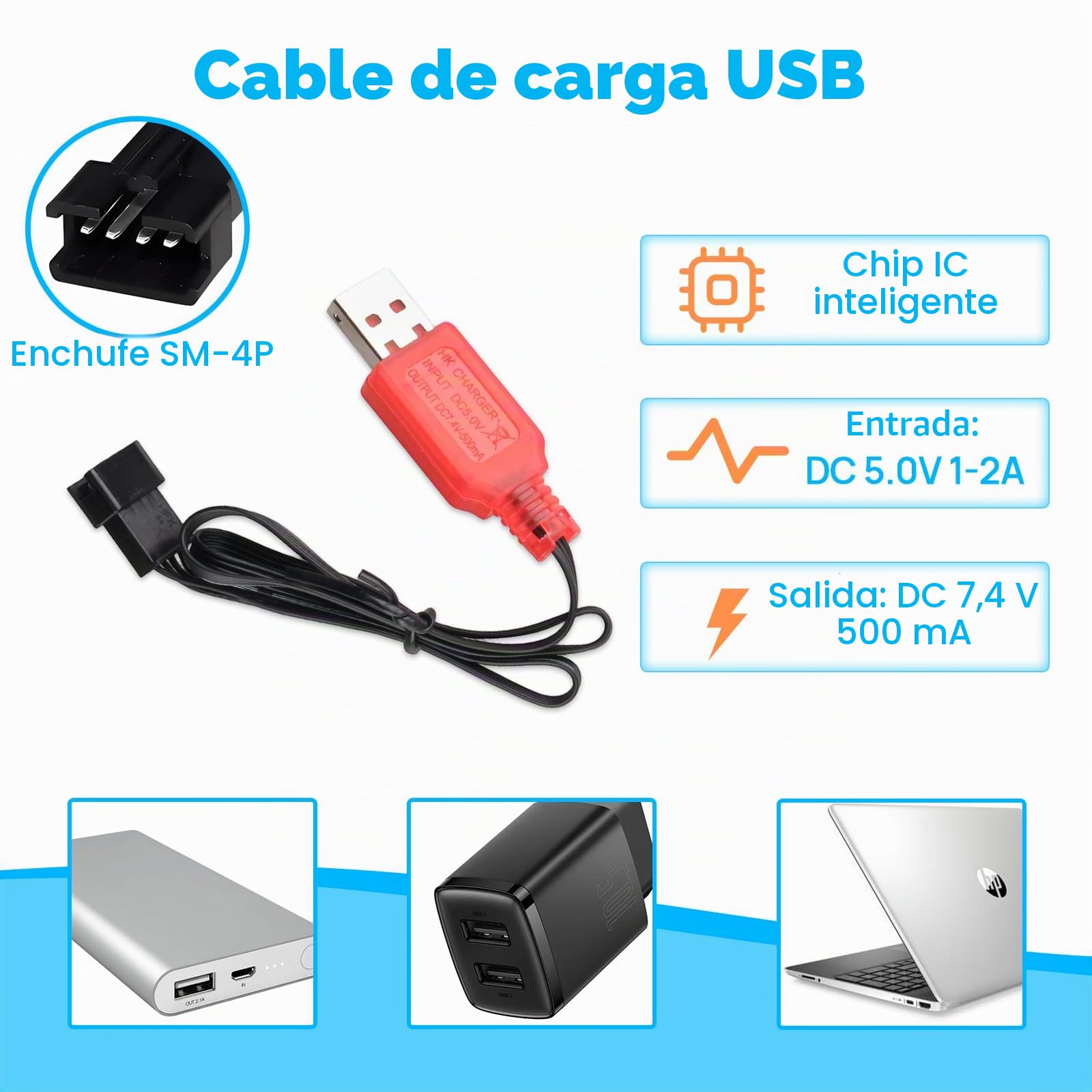 2PCS 7.4 V 1000 mAh Batería de Litio con Conector SM-4P y Cable de Carga USB para Coche RC, Barco, Camión, DE36W DE65 NO.1809 Coche de Juguete RC, Coche Todoterreno