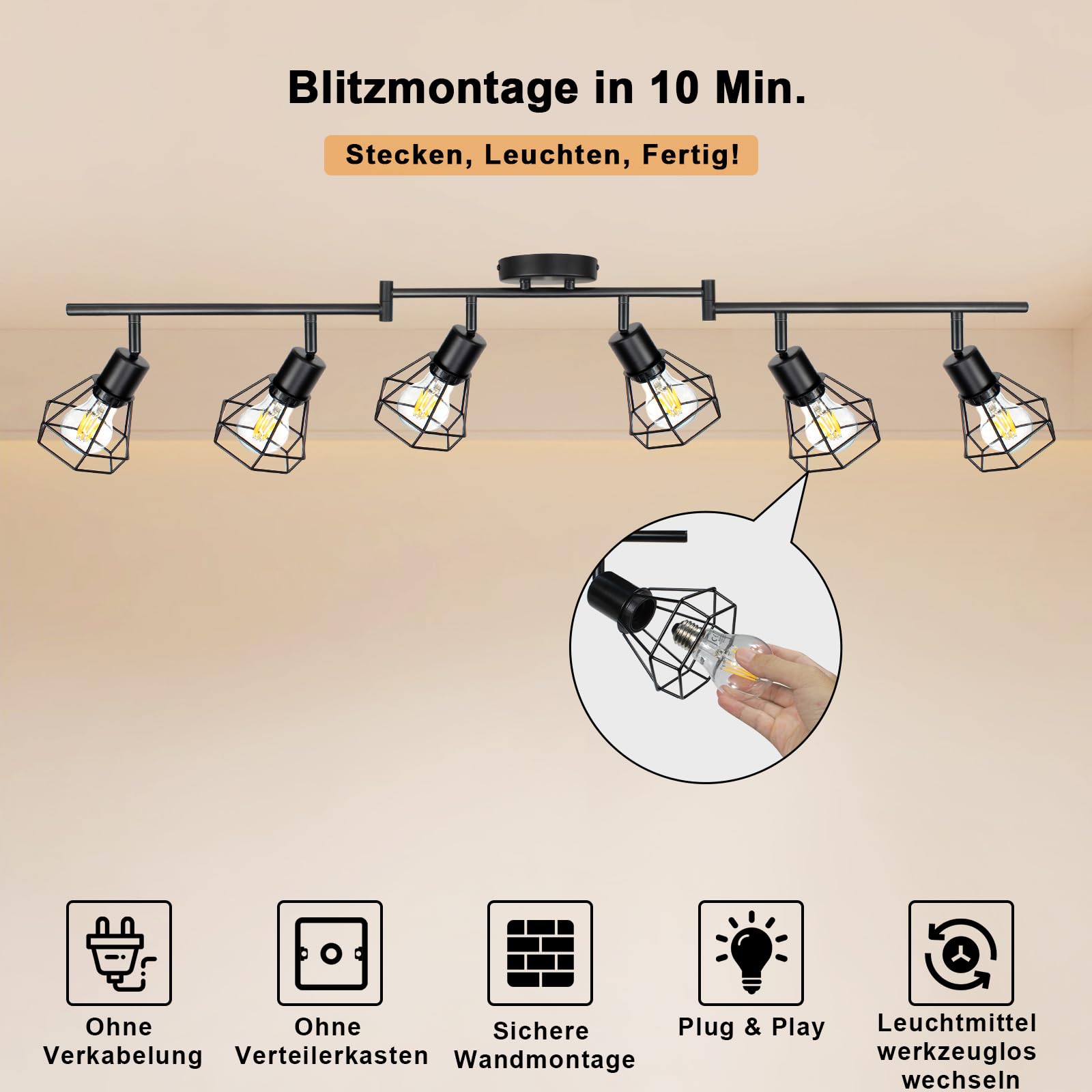 HiBay Deckenstrahler mit Schalter E27 6 Flammig Wandleuchte mit Stecker und Kabel 5M Drehbare 350° Deckenlampe Schwarz Max.60W Ohne Leuchtmittel | Deckenspots mit Kabel 5M Drehbare 350° mit Stecker 230V für Wohnzimmer Schlafzimmer Max. 60W Ohne Leuchtmitt