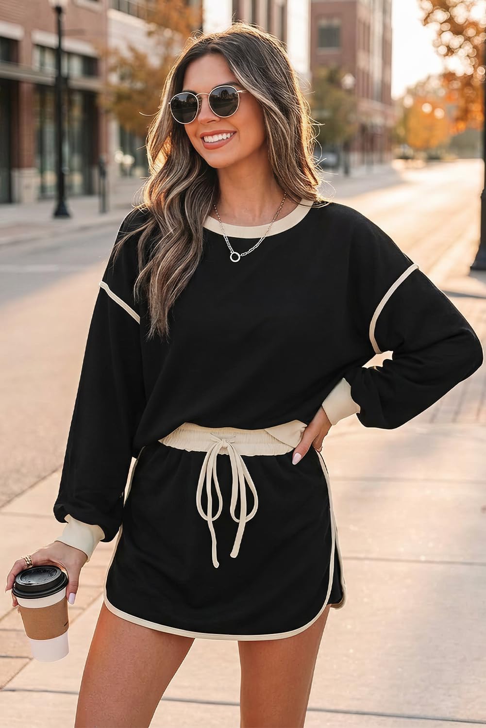 Women's 2 Piece Outfits Fall Casual Long Sleeve Sweatshirts and Drawstring Skort Matching Skirt Lounge Set - Image 4