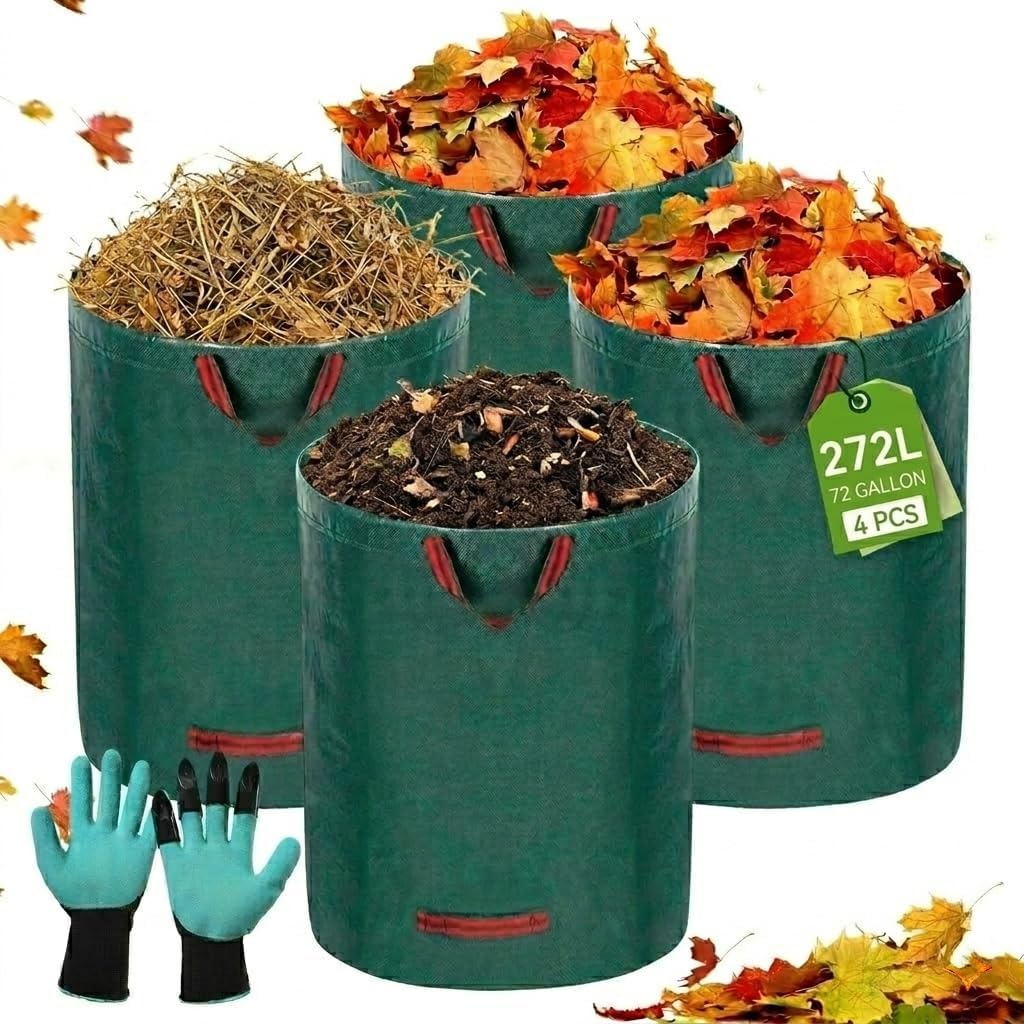 Set 4 Sacchi Giardinaggio Professionali 272L (76 x 67 cm) – Sacchi per Rifiuti Verdi Extra Resistenti 150 g/m², Impermeabili e Riutilizzabili per Foglie, Erba e Sfalci – con Guanti