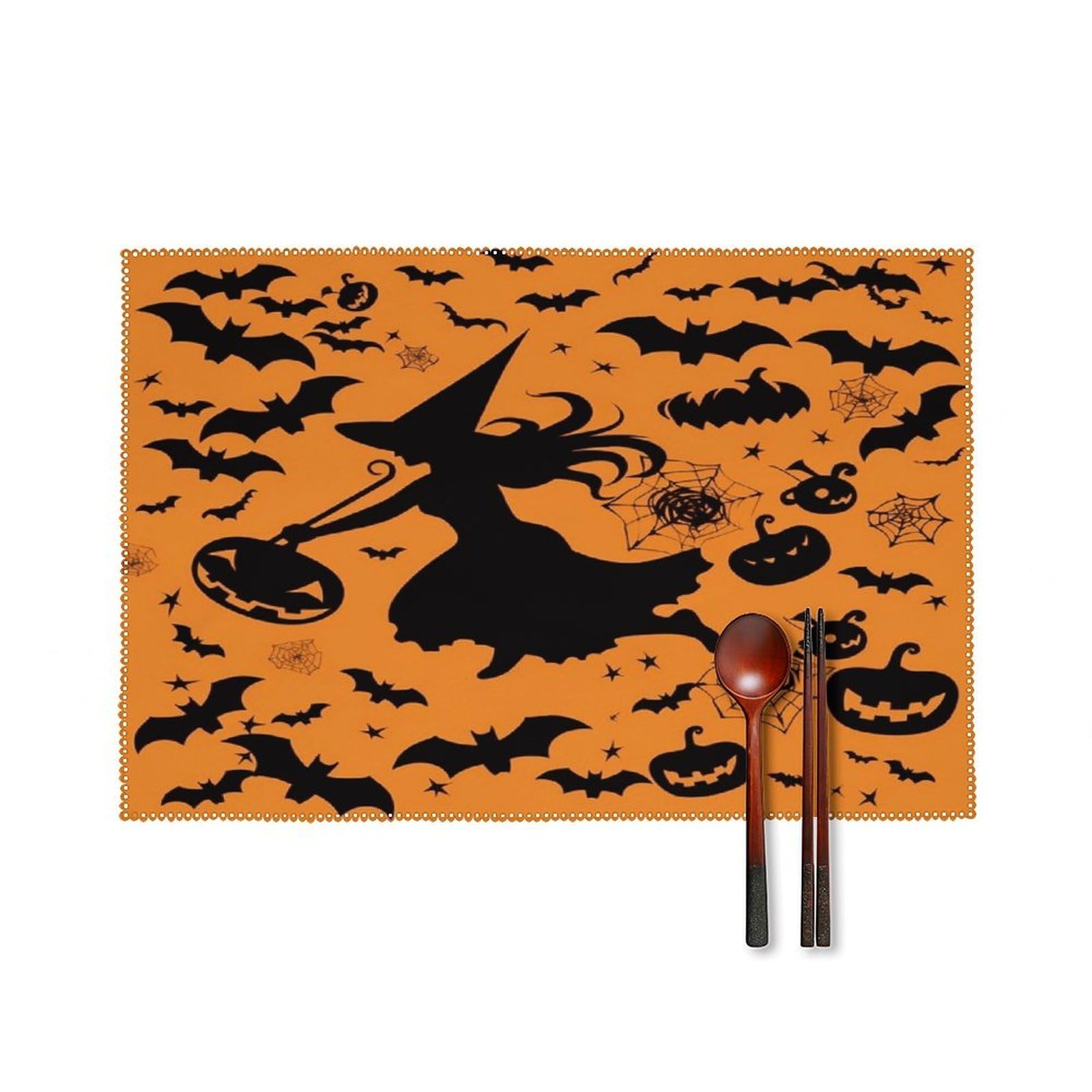 Btcowzrv Style Halloween Witch Flying Canvas Placemats Set Of 6, Wipeable Washable Place Mats For Indoor & Outdoor, Table Mat Decor For Kitchen Dining Party