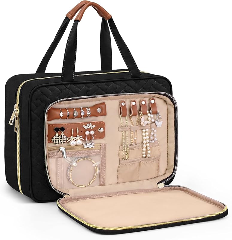 Wedama Necessaire de Viagem Suspensa com Compartimento para Joias, Preta e Marrom