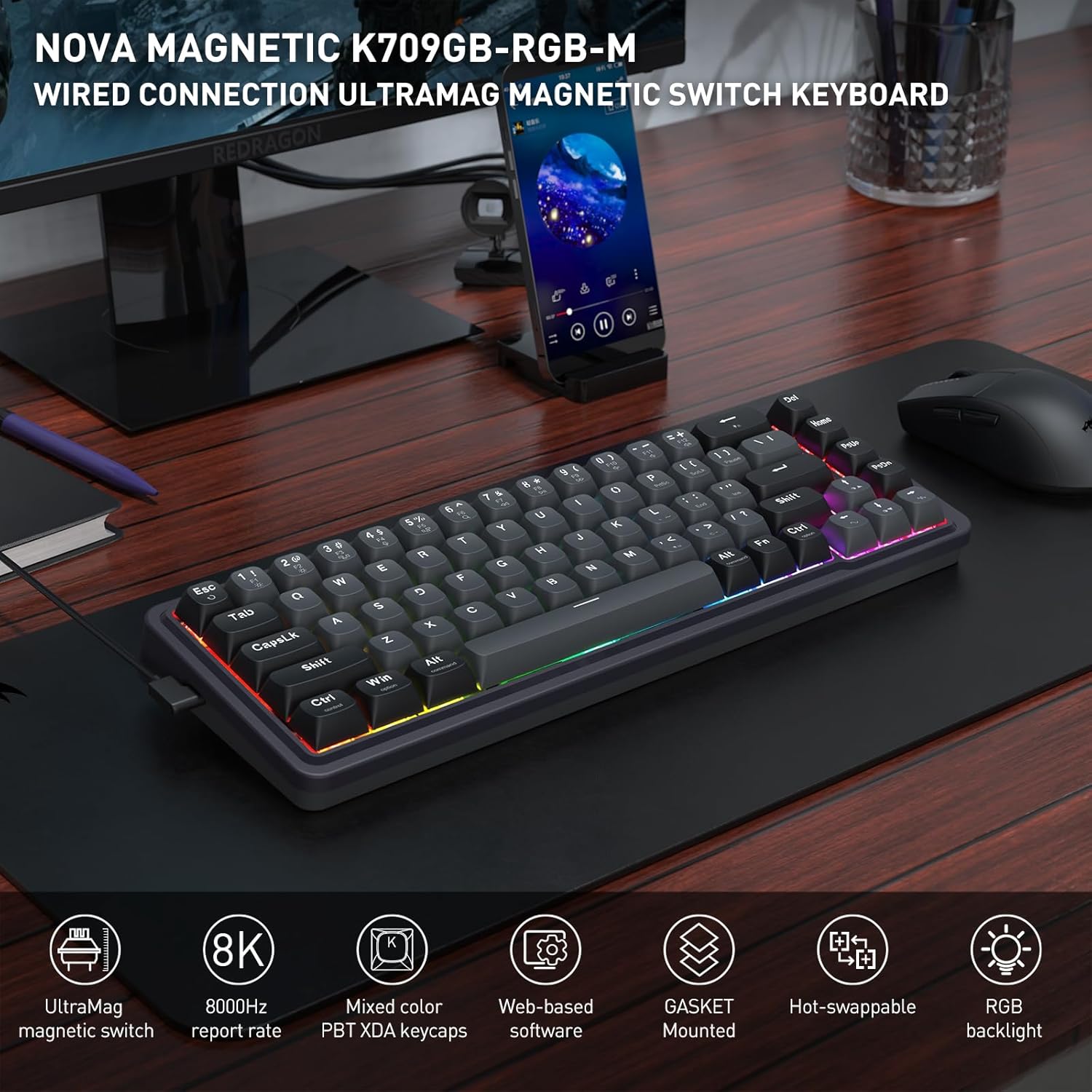 Redragon K709 HE Rapid Trigger Gaming Keyboard, 8K Wired Mechanical Keyboard w/Next-Gen UltraMag 100% POM Silky Magnetic Switch, Dual-Module Floating Patent Structure Design, 5-Layer Noise Dampener