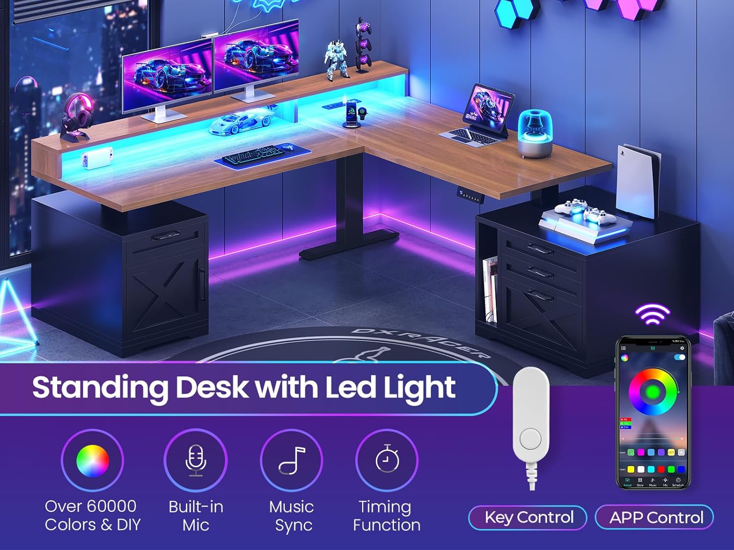 SEDETA Farmhouse L Shaped Standing Desk, 70.1" x 73.2" Height Adjustable Home Office Executive Desk with Drawers, Power Outlet, Monitor Stand, Sit Stand Table with Led Lights for Home Office, Black