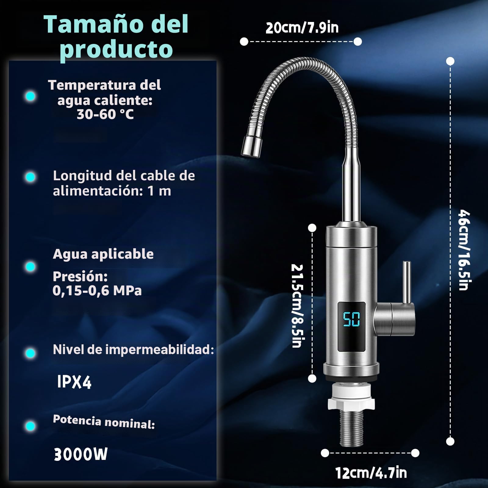 Grifo eléctrico con calentador de agua, 220 V y 3000 W, grifo de agua caliente, grifo de cocina, calentador inteligente, calentador de agua para cocina, jardín, baño, caravana, camping