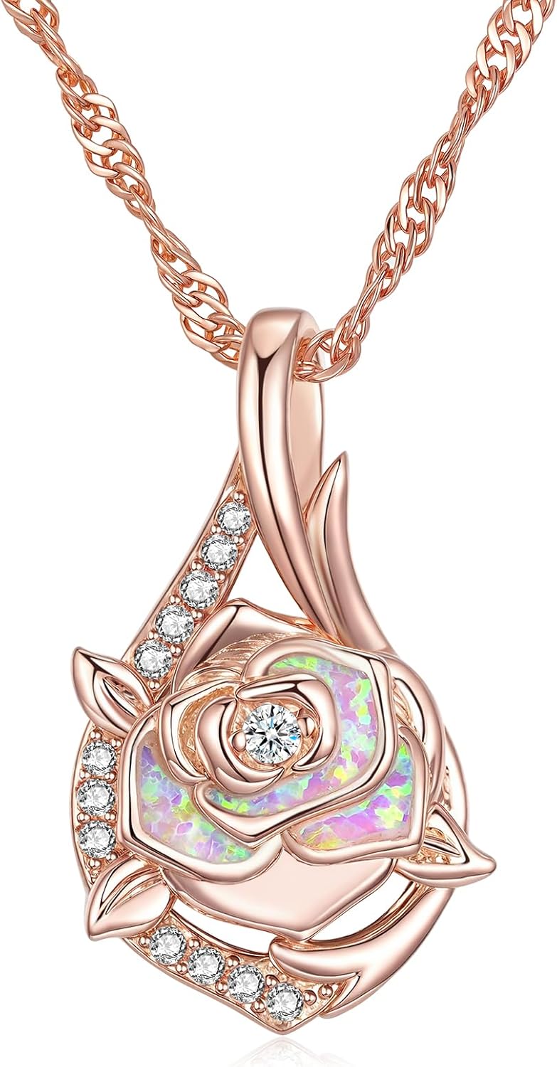 CiNily Mothers Day Necklace Birthstone Pendant Necklace for Women Dainty Rose Flower Pendant 18K Rose Gold Gemstone Necklaces Anniversary Birthday Opal Jewelry Gifts for Women Mom Wife Her