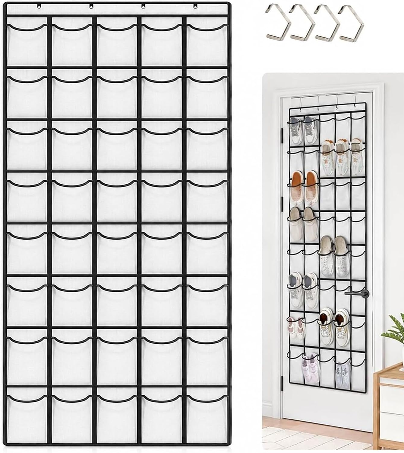 Sokoweii Over the Door Shoe Organizer, 40 Pocket, Clear Mesh, White, Hanging Rack for Closet, Bedroom, Entryway, Nonslip Hook, Storage Holder for Women and Men
