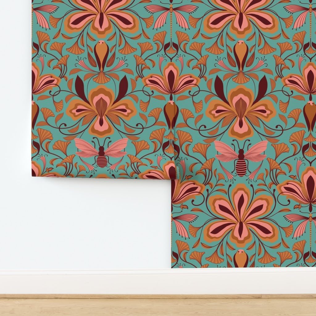 Removable Wallpaper 6ft x 2ft - Bees Dragonfly Floral Art Nouveau Dragonflies Flowers Birds Coral Aqua Bright Entomology Custom Pre-Pasted Wallpaper by Spoonflower