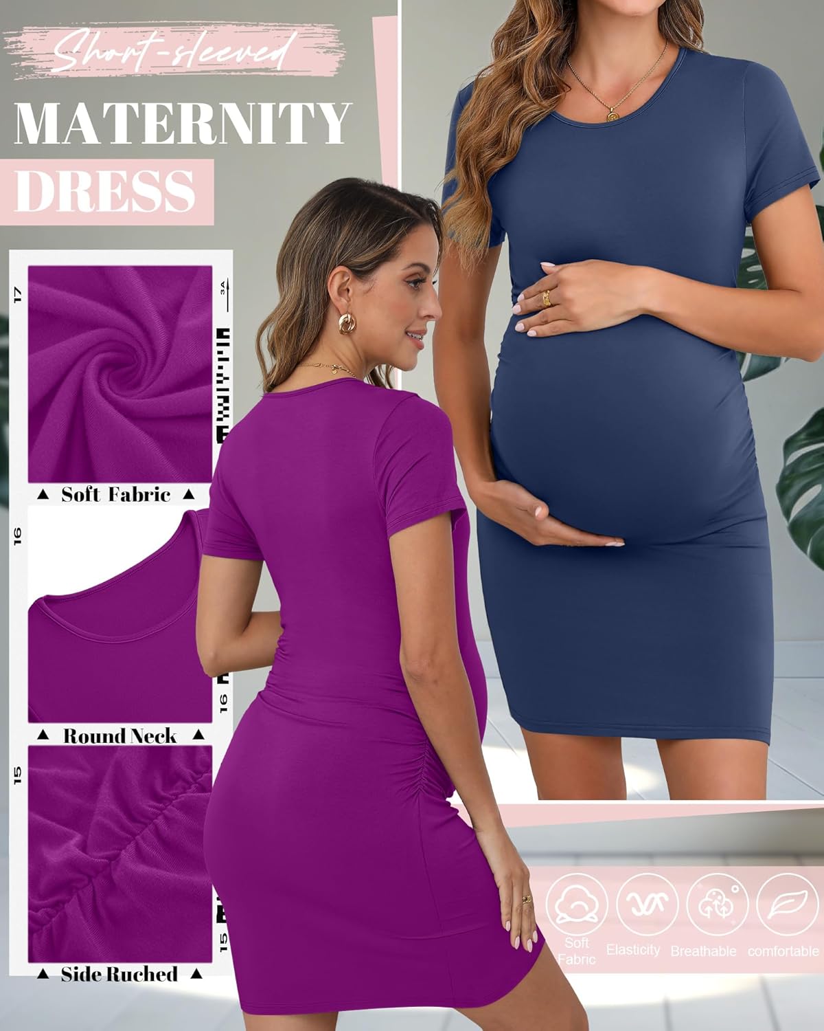 Riyiper 3 Pack Women's Maternity Dresses, Short Sleeve Pregnancy Dress Side Ruched Crew Neck Knee Length Mama Clothes - Image 6