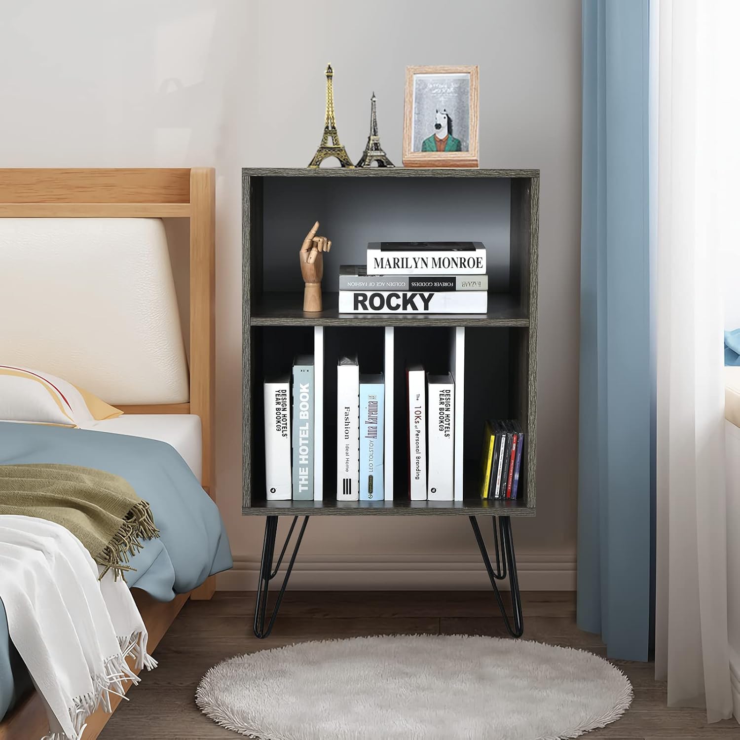 Tangkula Record Player Stand, Turntable Stand with Metal Legs, Vinyl Record Storage Cabinet w/ 5 Open Shelves Holds up to 150 Albums for Living Room Bedroom, Vintage End Table, 21 x 18 x34 in (Grey)