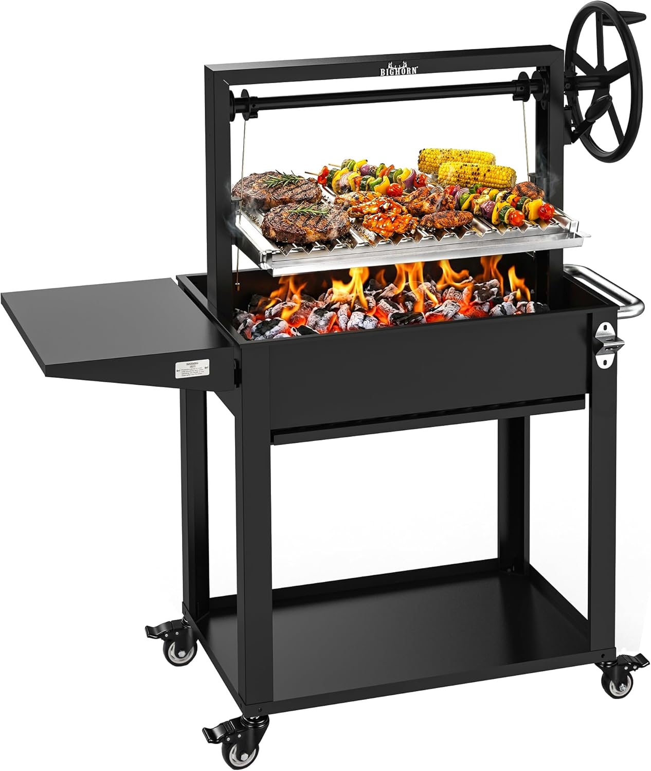 BIG HORN Santa Maria Grill, Argentine Parrilla Grill with Adjustable Height Grate, Wood Fire & Charcoal BBQ Grill, Large Outdoor Open Fire Grill with Storage for Patio & Backyard