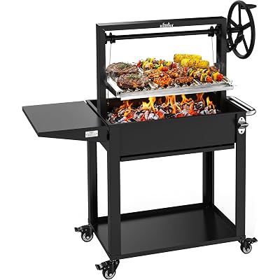 BIG HORN Santa Maria Grill, Argentine Parrilla Grill with Adjustable Height Grate, Wood Fire & Charcoal BBQ Grill, Large Outdoor Open Fire Grill with Storage for Patio & Backyard