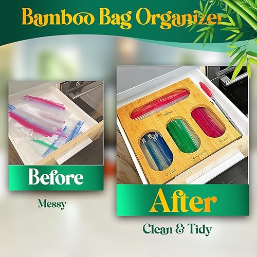 Miniatura 7 de Organizadores de bolsas de bambú para cajones de cocina, solución de almacenamiento premium para bolsas de variedad de galones, cuarto de galón,