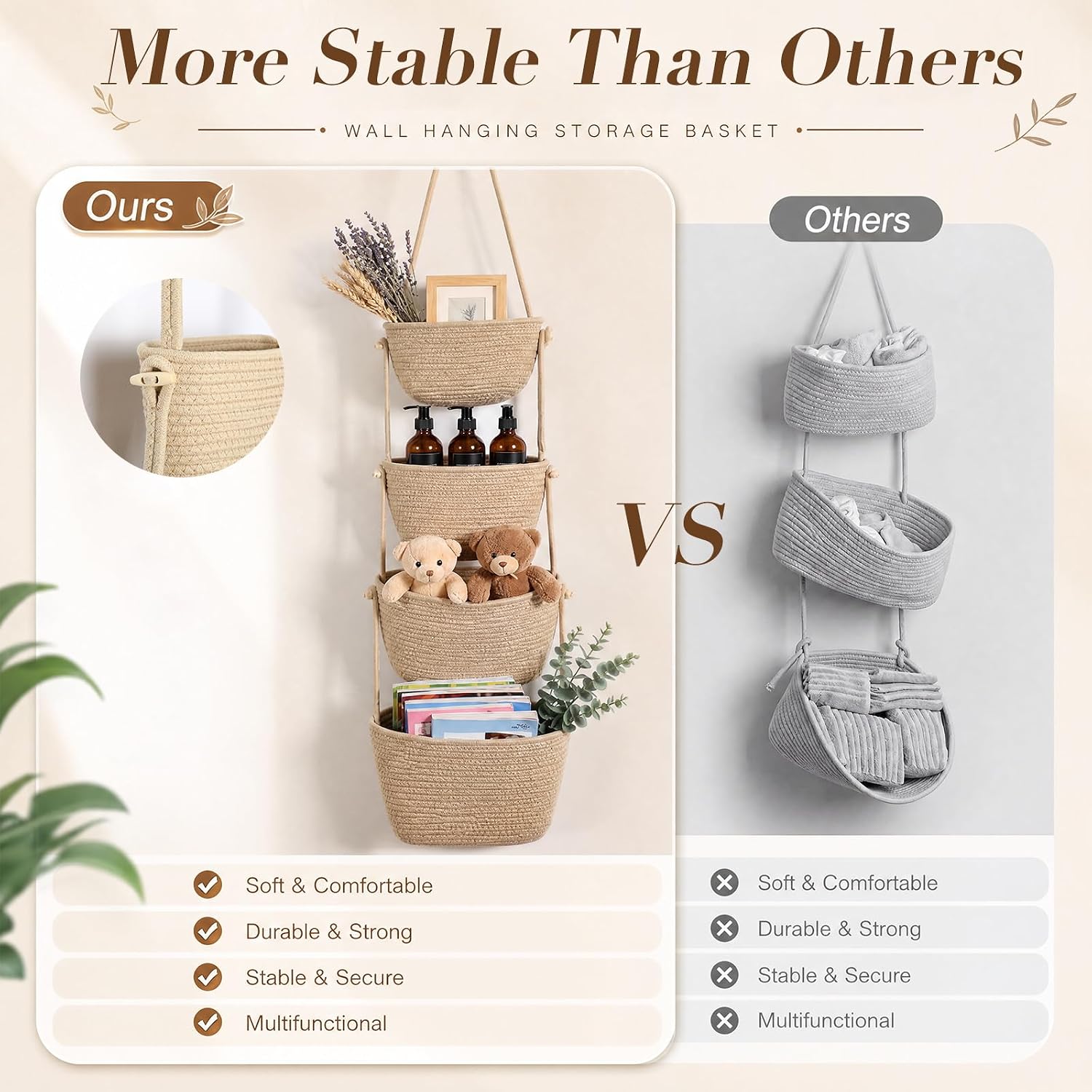 4 Tier over the Door Hanging Basket Organizer Woven Hanging Storage Baskets with Hooks Small to Large Jute Door Basket for Living Room Bedroom Kitchen Nursery Decor
