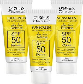 Globus Naturals Sunscreen with Ultra Sheen Defense, SPF 50 PA+++, UVA & UVB Protection, Lightweight & Non-greesy Formula, Price In India