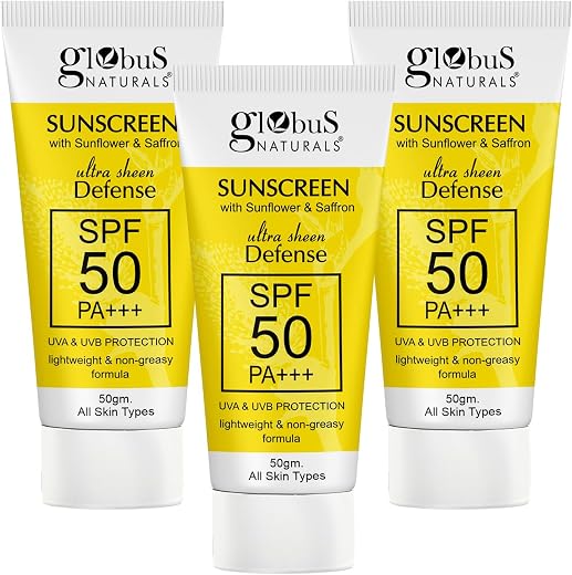 Globus Naturals Sunscreen with Ultra Sheen Defense, SPF 50 PA+++, UVA &amp; UVB Protection, Lightweight &amp; Non-greesy Formula, ...
