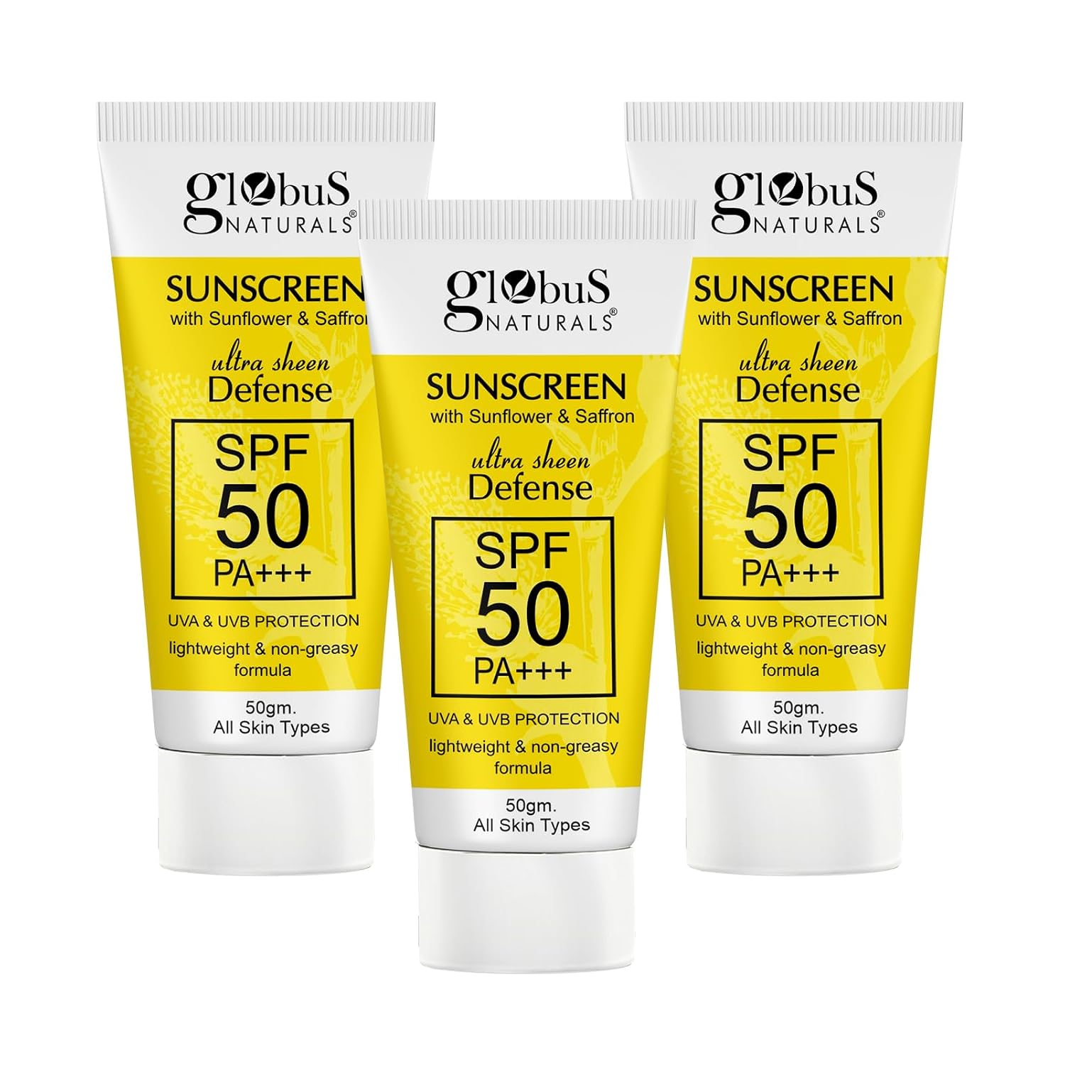 Globus Naturals Sunscreen with Ultra Sheen Defense, SPF 50 PA+++, UVA & UVB Protection, Lightweight & Non-greesy Formula, ...
