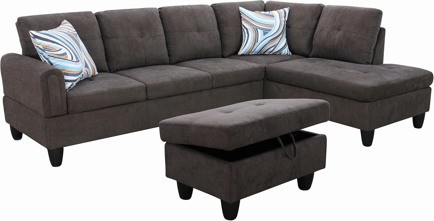 NicBex 3 Piece Set Modular Sectional Sofa,Contemporary Flannel Living Room Sofa Set,Sectional Sofa Set with Sofa,Chaise and Ottoman,Modular Sofa with Comfortable Wide Seats and Cushions,Black Brown