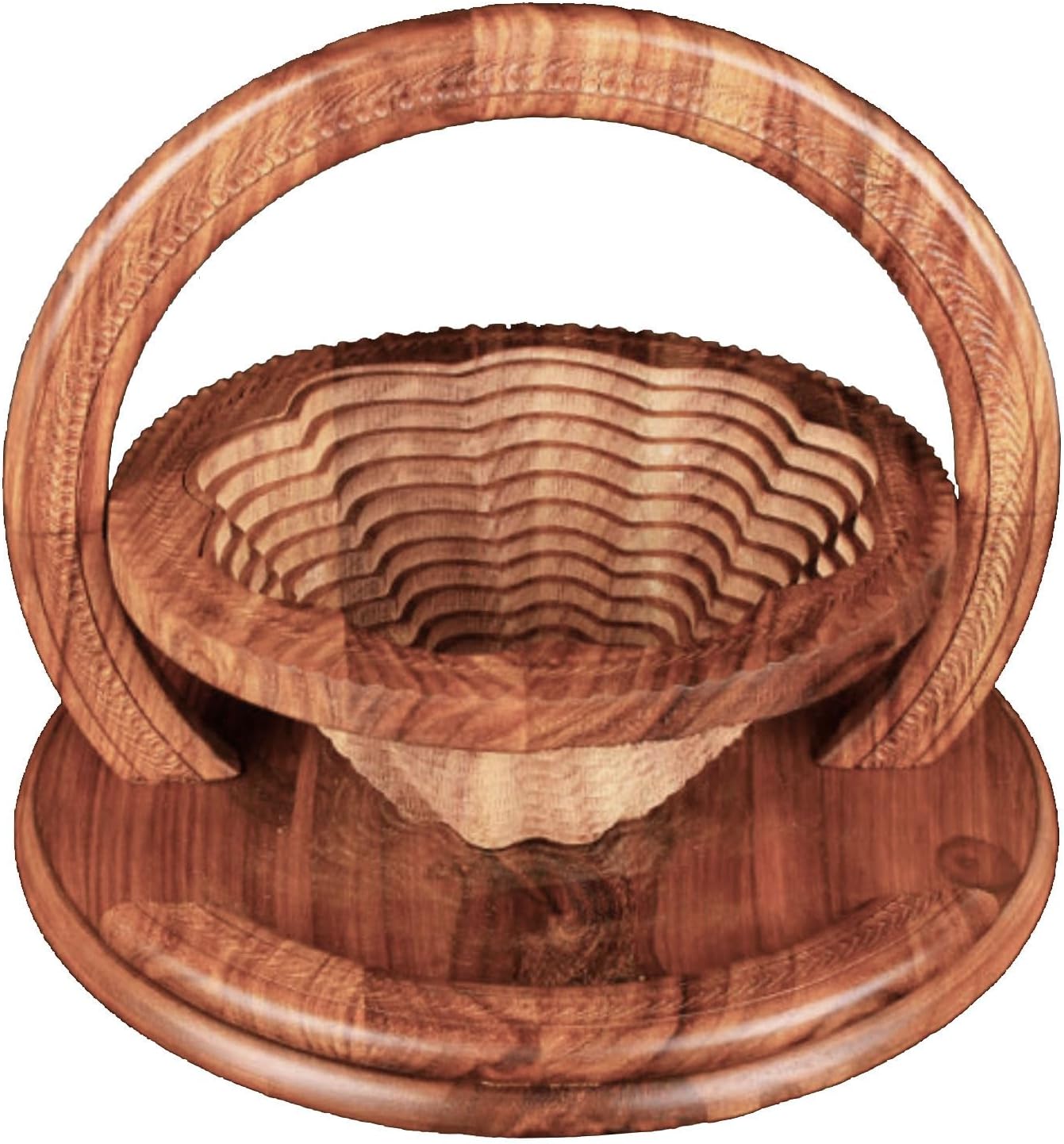 Handmade Wooden Collapsible Fruit Basket, Wood Carving Fruit Plate, Creative Foldable Walnut Basket for Fruit, Bread and Nuts 11.8", A01