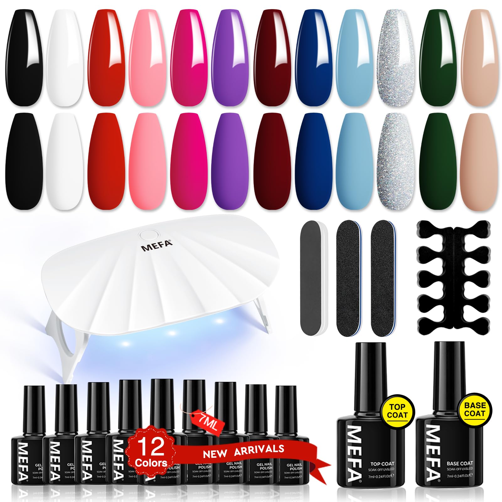 MEFA 19 Pcs Gel Nail Polish Kit with U V Light, 12 Colors All Seasons Soak Off Gel Polish Nail Set with Base Top Coat Essential Manicure Tools Beginners Salon Nails Art DIY