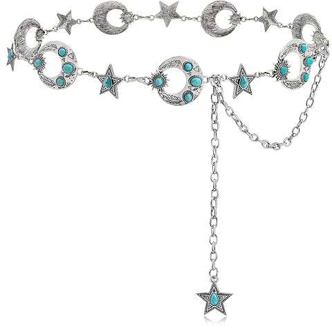 Western Turquoise Concho Belt for Women Concho Cowgirl Waist Chain Adjustable Western Belt for Dresses Jeans